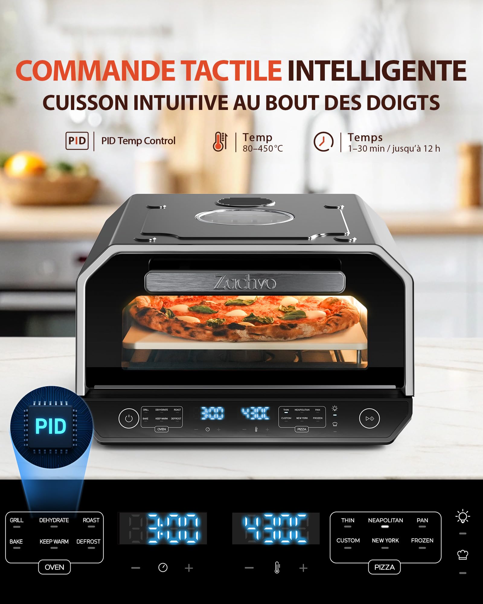 Electric Pizza Oven 842°F, Neapolitan Pizza in 90s, Double Window and Interior Lighting, 6 Pizza Programs and 6 Cooking Modes, Professional Mode, Stone, Scoop and Plate