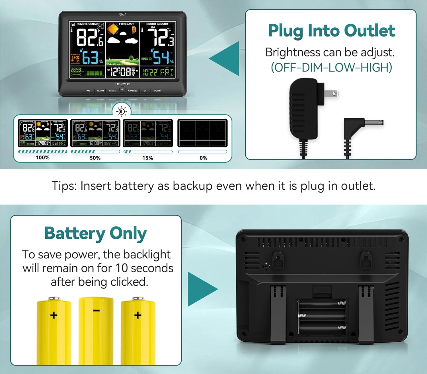 Weather Station Wireless Indoor Outdoor Thermometer: BOZYBO Digital Atomic Clock with Indoor/Outdoor Temp, Temperature Gauge Weather Clock with Calendar and Adjustable Backlight - Image 4