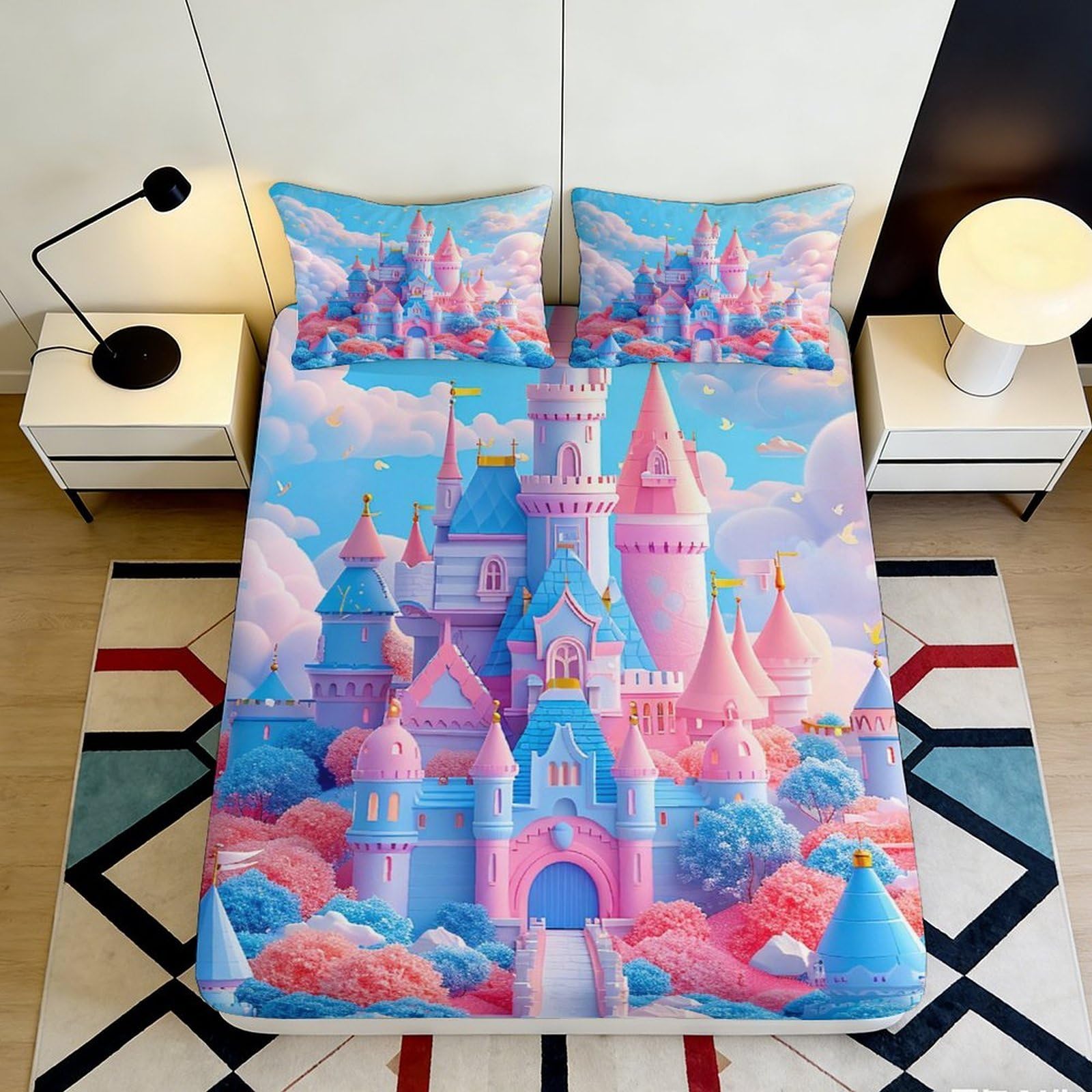3D Printed Fairytale Castle Fitted Sheet Microfiber Non-Slip Deep Pocket Fantasy Castle Mattress Fitted Cover Washable for Adults Teens 120x200x25cm
