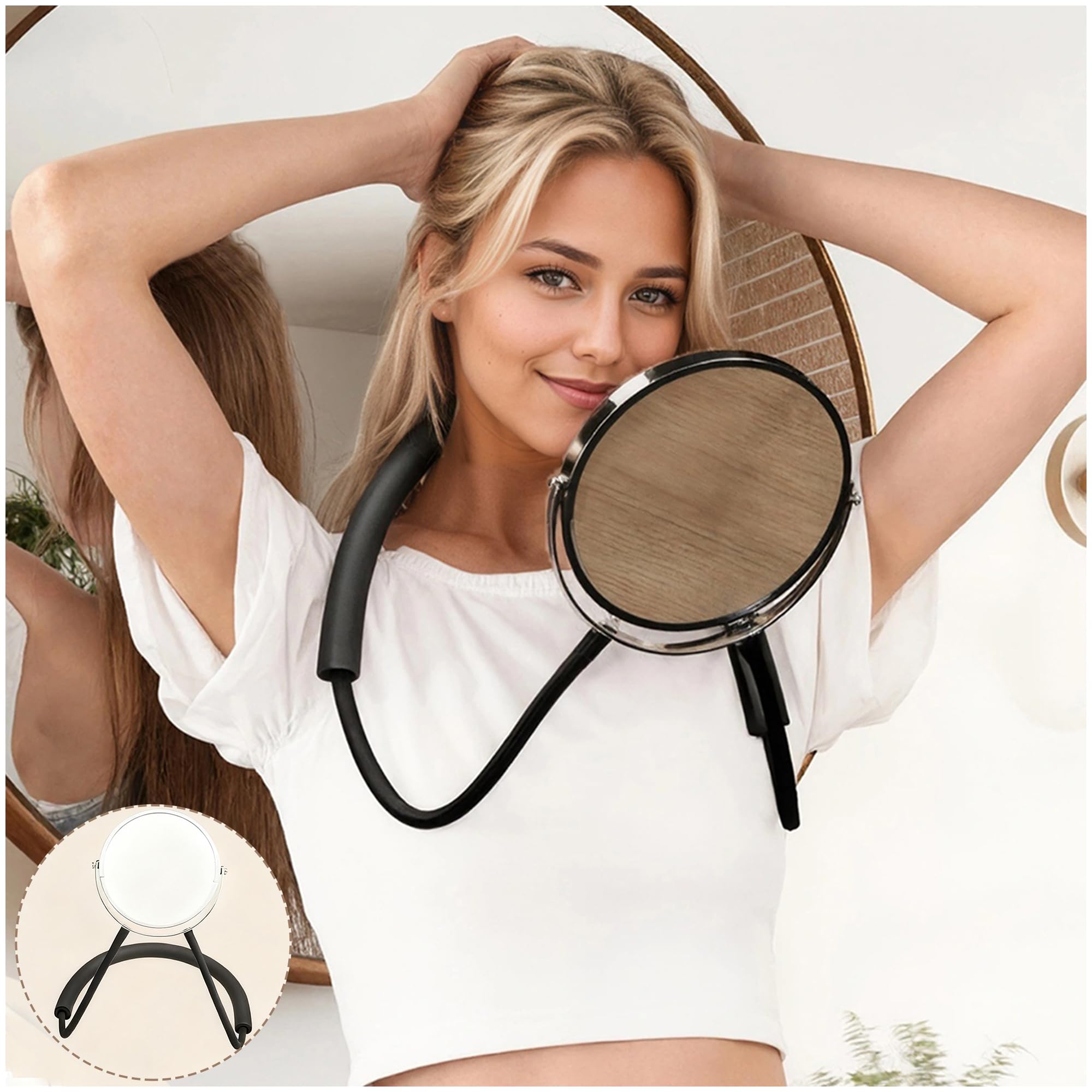 XWZMR Double Sided Mirror to See Back of Head,Self Hair Cutting Mirror Around Neck Hands Free,5.9" Standard and 5X Magnification,360 Rotating, Adjustable Neck Strap for Women Travel Makeup Braiding