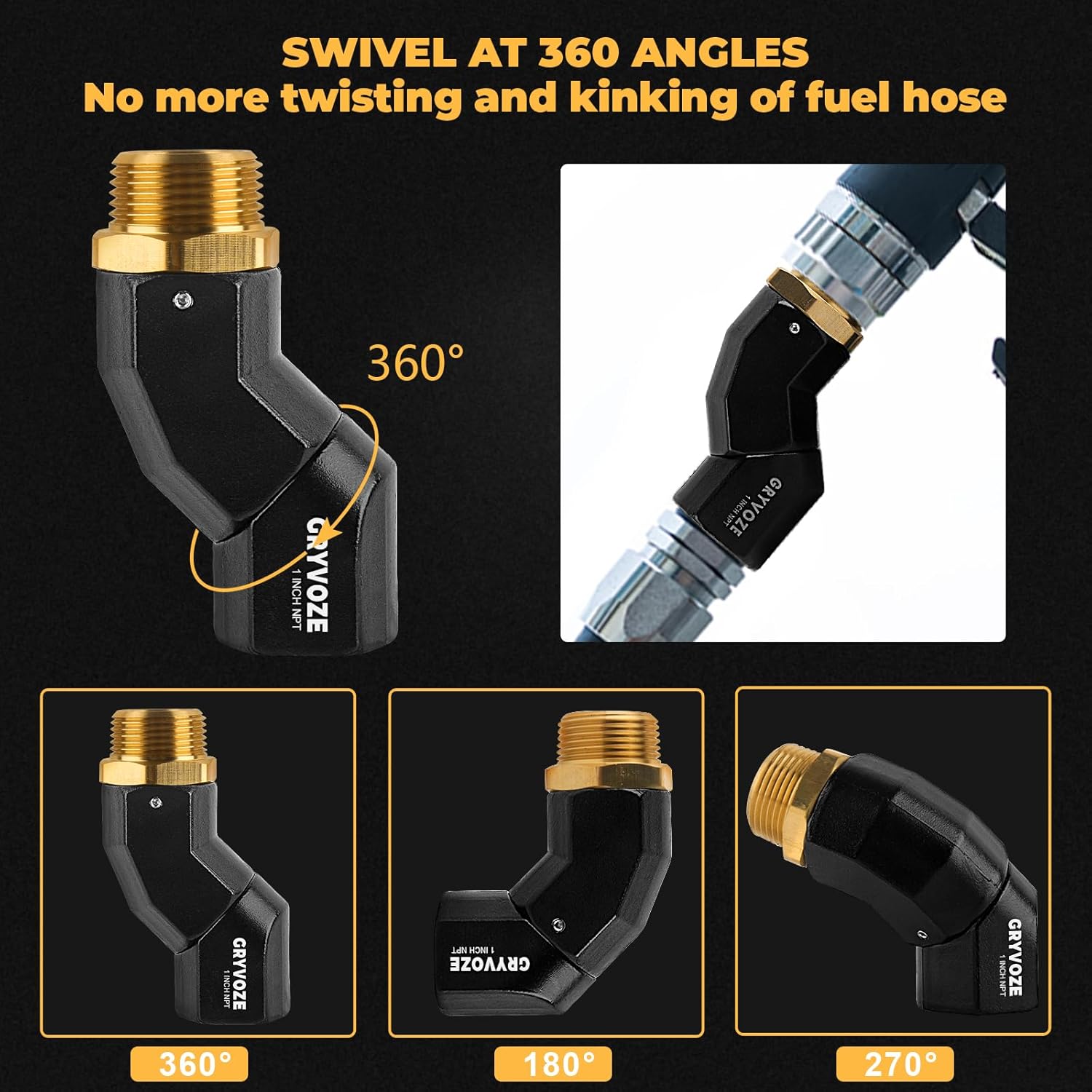 2PCS 1 Inch NPT Fuel Hose Nozzle Swivel - Multi Plane 360° Rotating Connector for Fuel, Water, Diesel, Gasoline, Kerosene Transfer Pumps, Tanks, and Nozzles