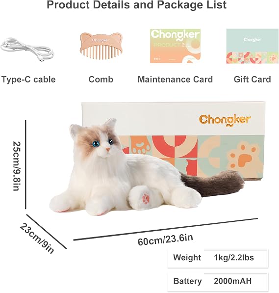 Chongker Interactive Companion Robot Cat Pets, Handmade Weighted Stuffed Animals, Cat Plush Toy with Voice Response, Realistic Heartbeat and Purring, Ragdoll Cat