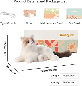 Chongker Interactive Companion Robot Cat Pets, Handmade Weighted Stuffed Animals, Cat Plush Toy with Voice Response, Realistic Heartbeat and Purring, Ragdoll Cat