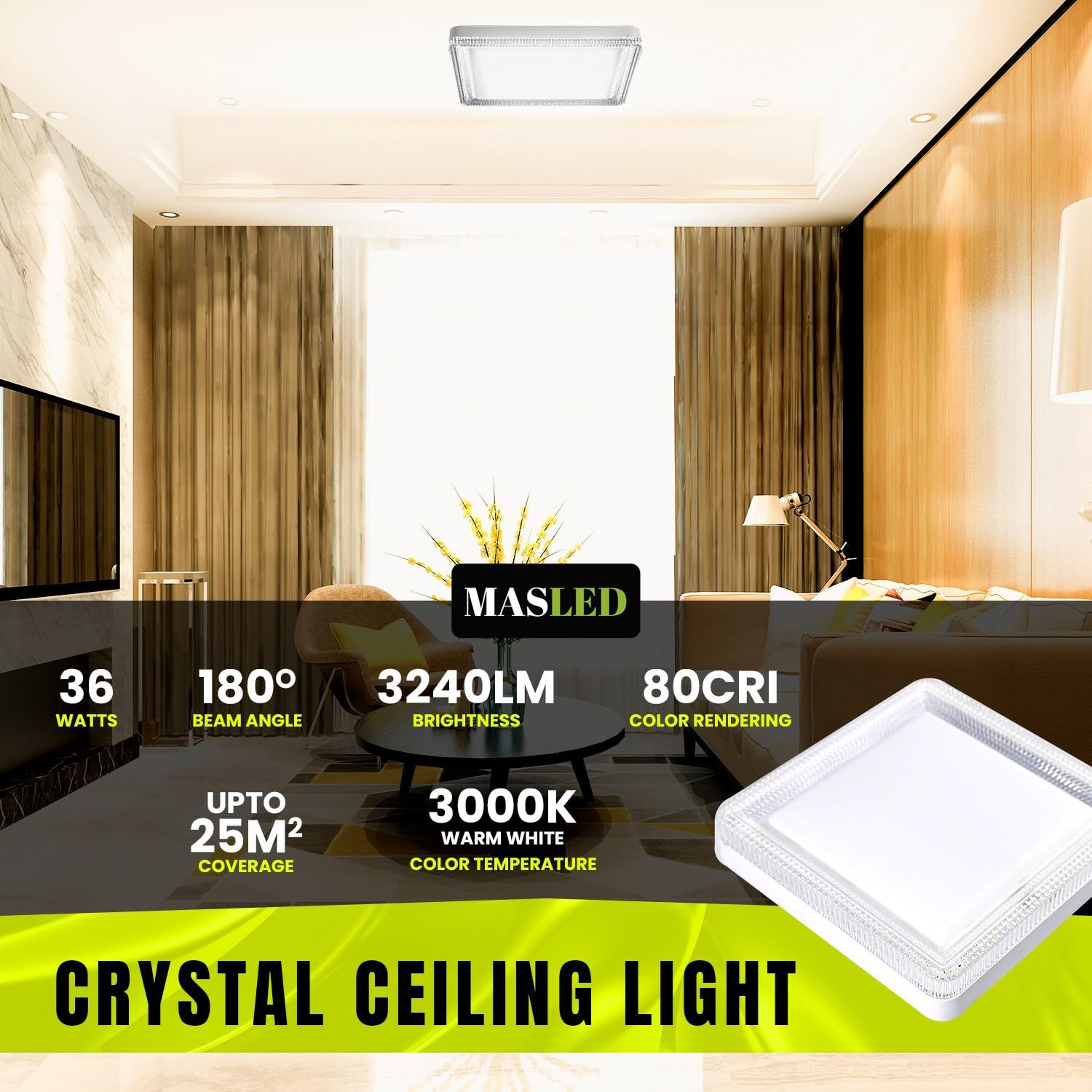 ONEGlobal MASLED 36W LED Square Ceiling Light with Crystal Lampshade - Image 3