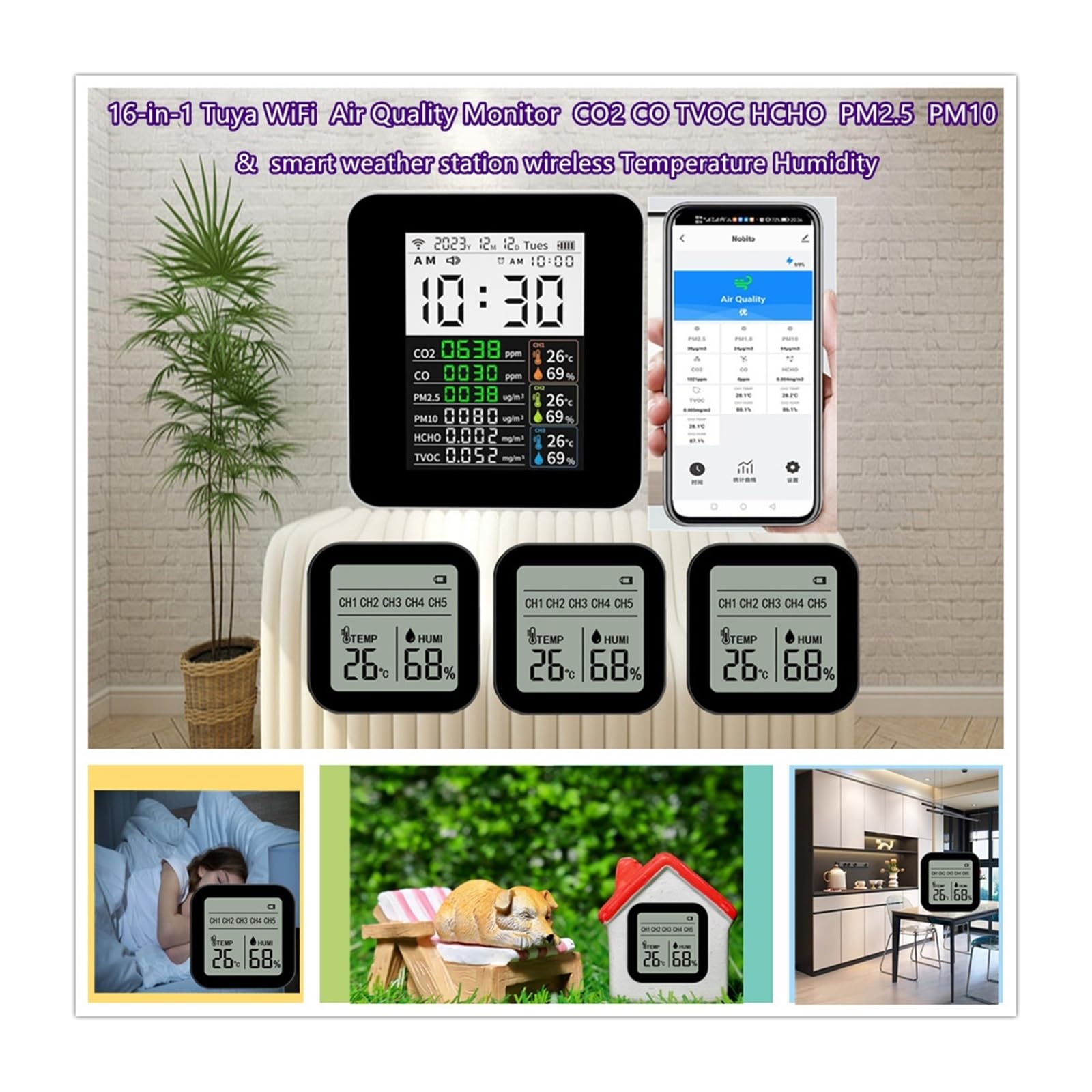 Estación Meteorológica, Monitor de calidad del aire intelinte 16 en 1 con wifi, CO2, CO2, TVOC, HCHO, PM2.5 y PM10, y estación meteorológica intelinte inalámbrica con temperatura y humedad.((with 1 Se