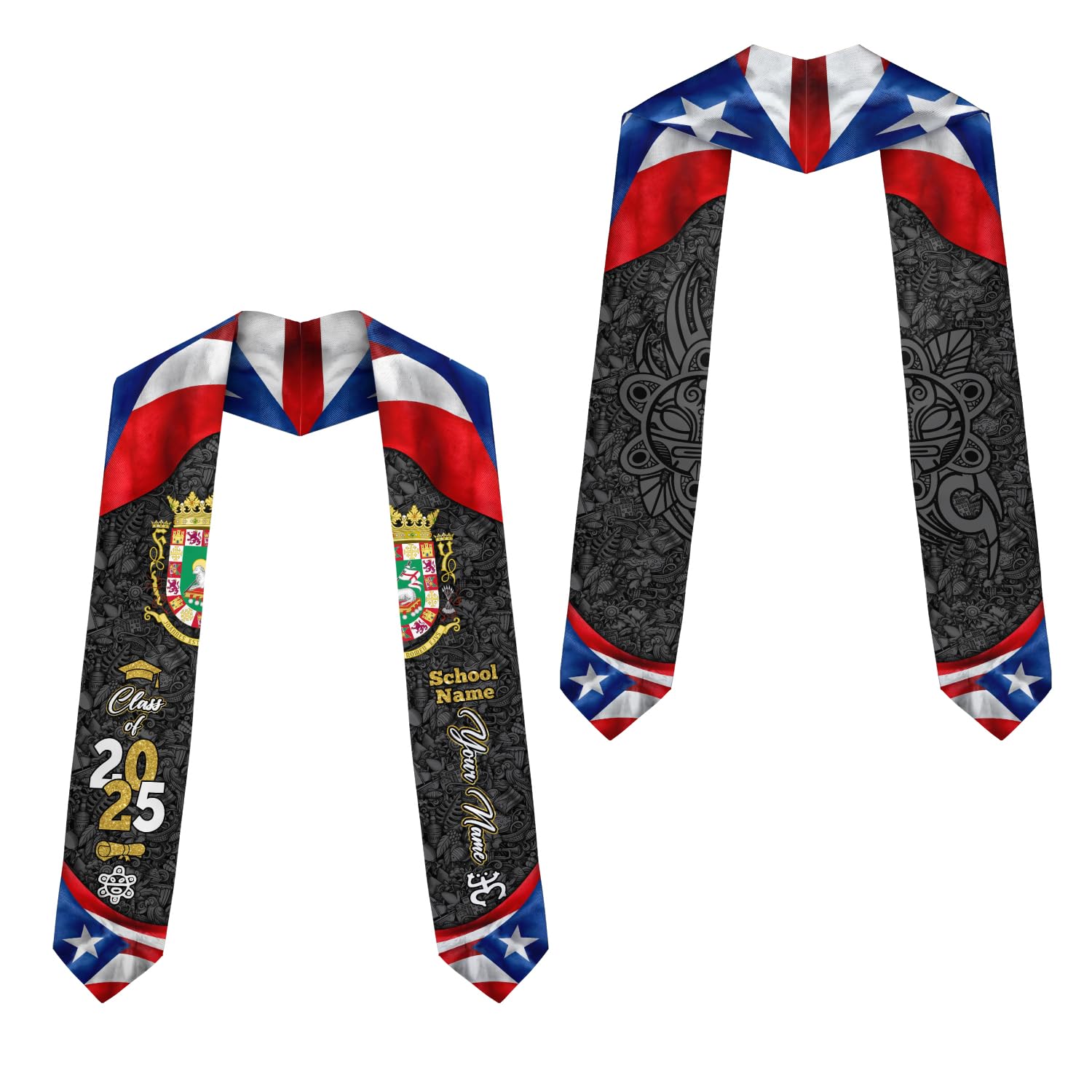MonkeyVan Personalized Puerto Rico Graduation Sash 2025, Custom Puerto Rican American Flag Graduation Stole Class of 2036 S164