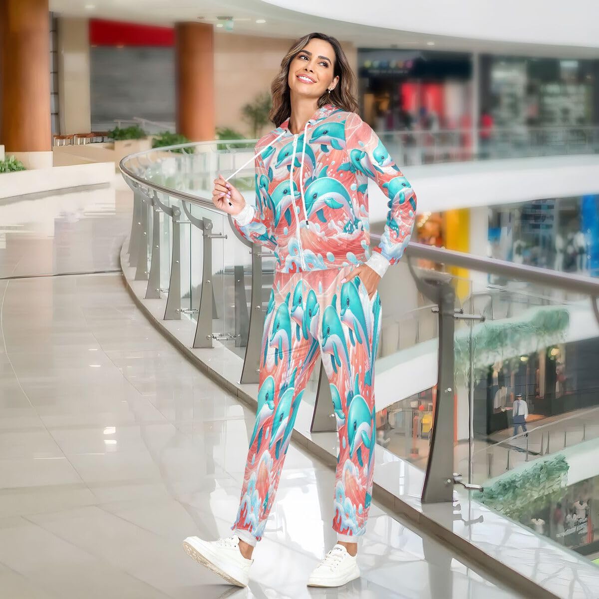 Conjunto deportivo de 2 piezas para mujer, diseño de delfín, color turquesa y blanco, de manga larga, con estampado de delfines oceánicos