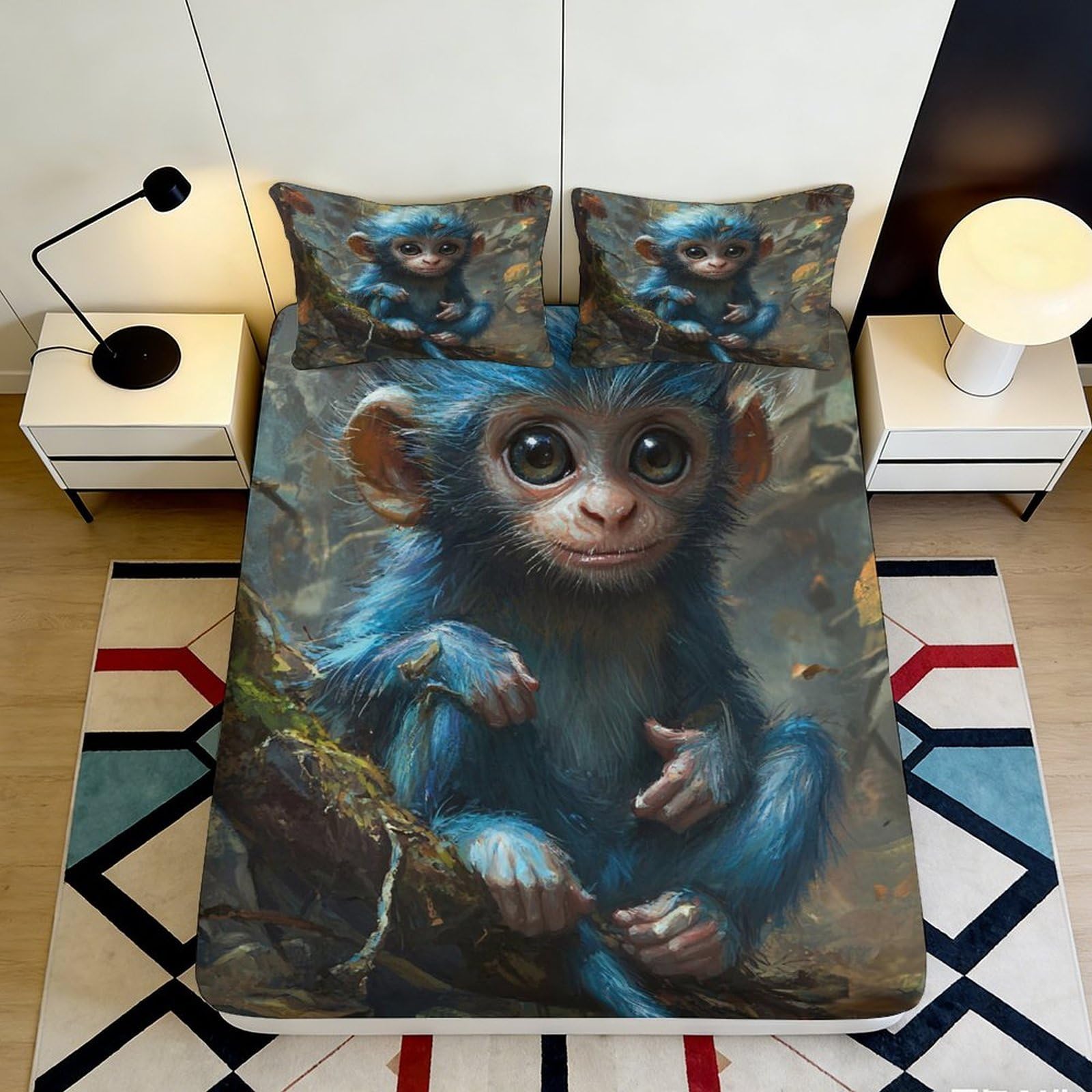 3D Printed Blue Cartoon Monkey Fitted Sheet Microfiber Soft Breathable Forest Bed Cover for Bedroom Dorm Decor 90x200x25cm