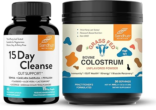 Sandhu's Suplemento de limpieza intestinal de 15 días y calostro bovino puro en polvo para humanos, 30 porciones para mujeres y hombres, apoya el