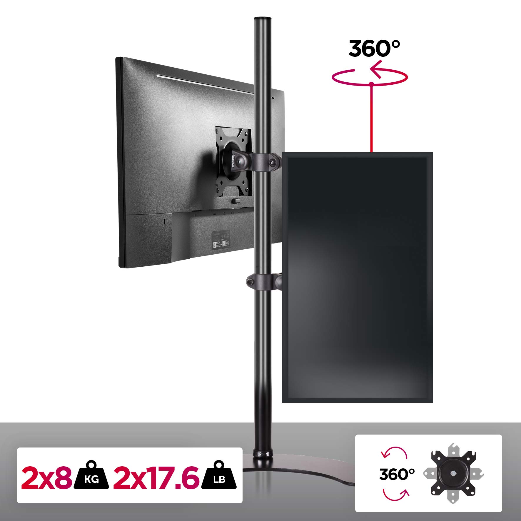 Duronic DM15D2V2 BK Doppio supporto monitor con base d’appoggio | 2 schermi 13”-32” | Altezza regolabile | Capacità 8 kg | VESA 75/100