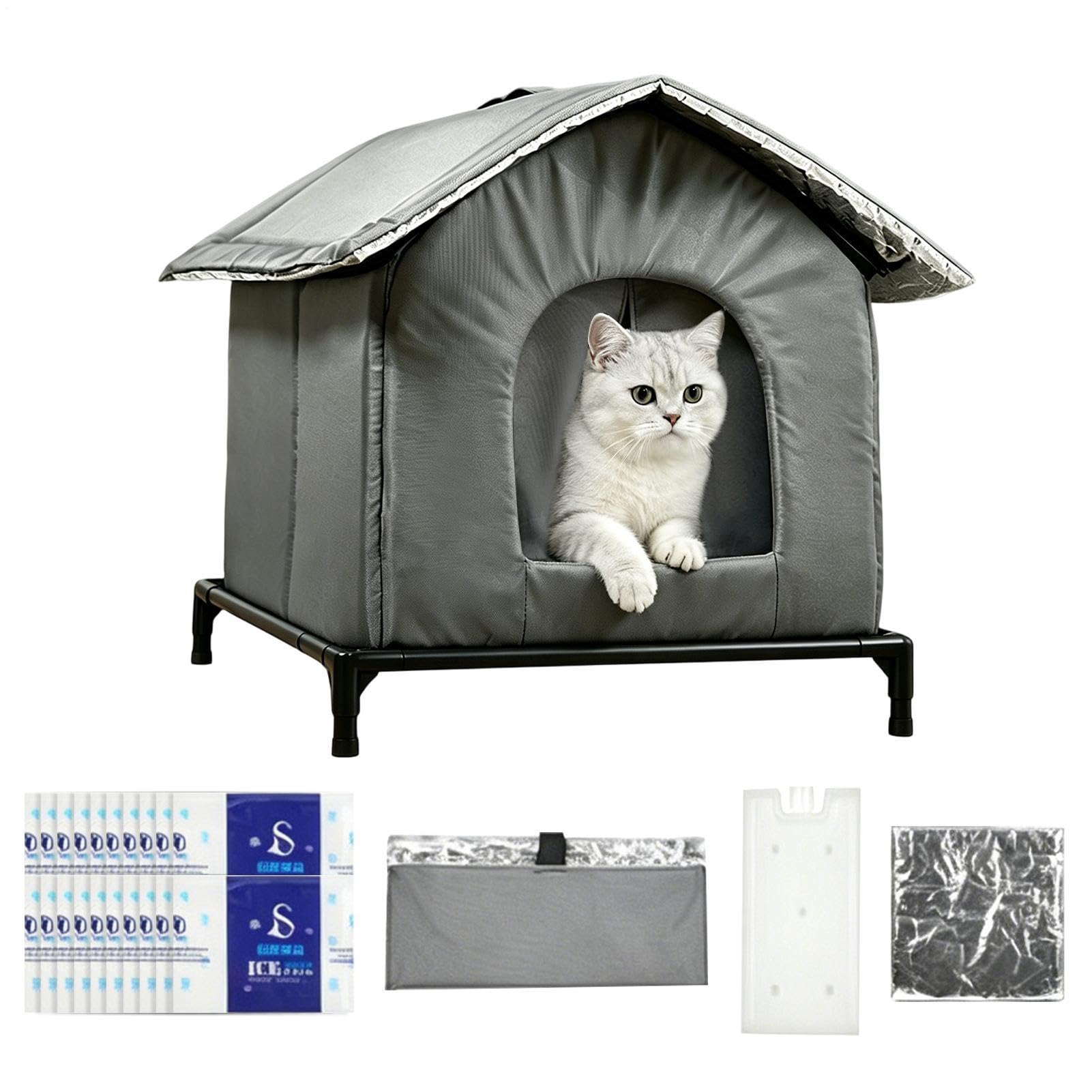Casa di raffreddamento per animali domestici, Cuccia climatizzata pieghevole per gatti con 20 impacchi di ghiaccio, Cuccia gatto sollevata, Casetta impermeabile e isolata per interni/esterni