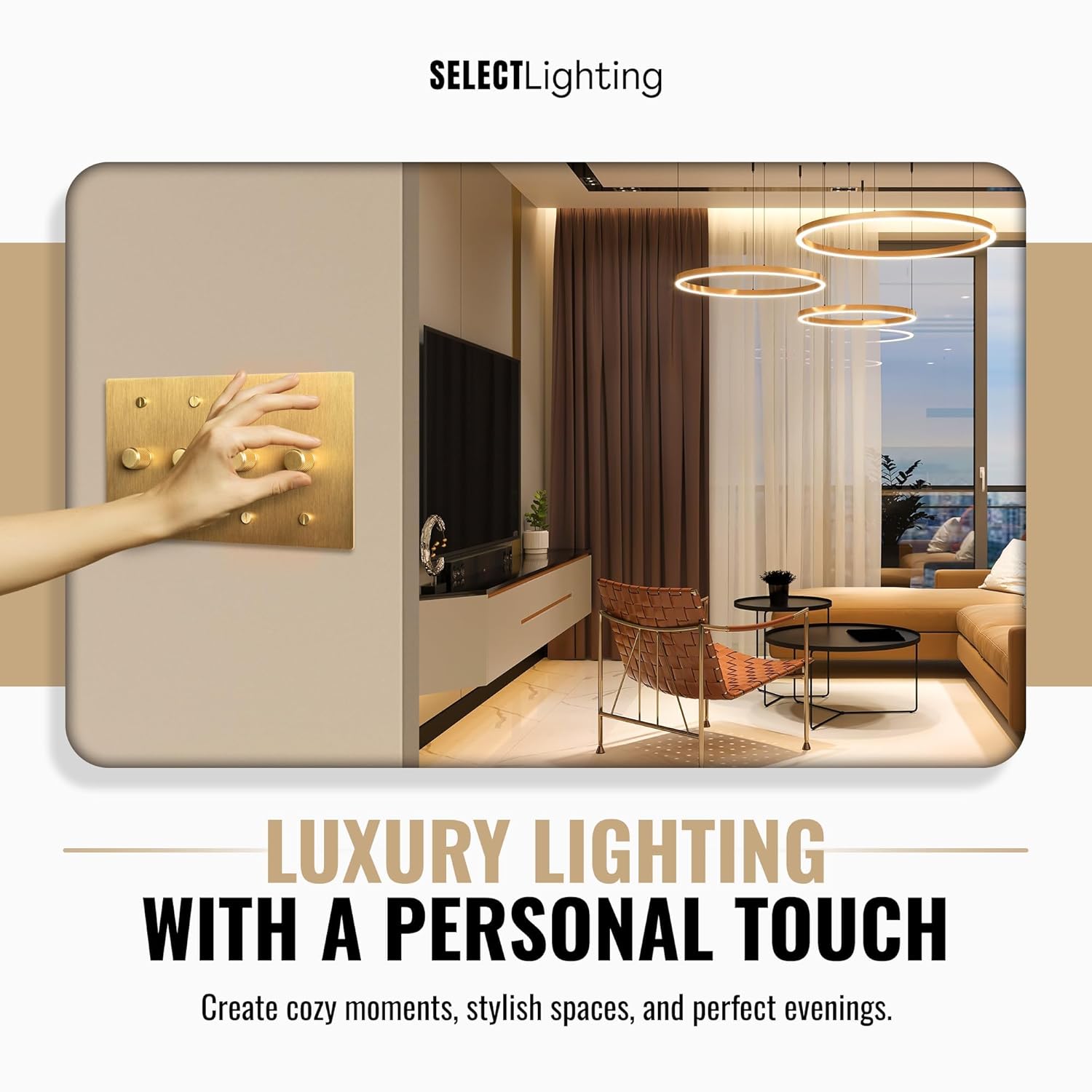 Select 4‑Gang Solid Brass Rotary Dimmer Switch, Satin Brass Finish, 120V 5A Wall Mount, TRIAC/Leading Edge 1/3‑Way LED Dimmer Module, UL Listed