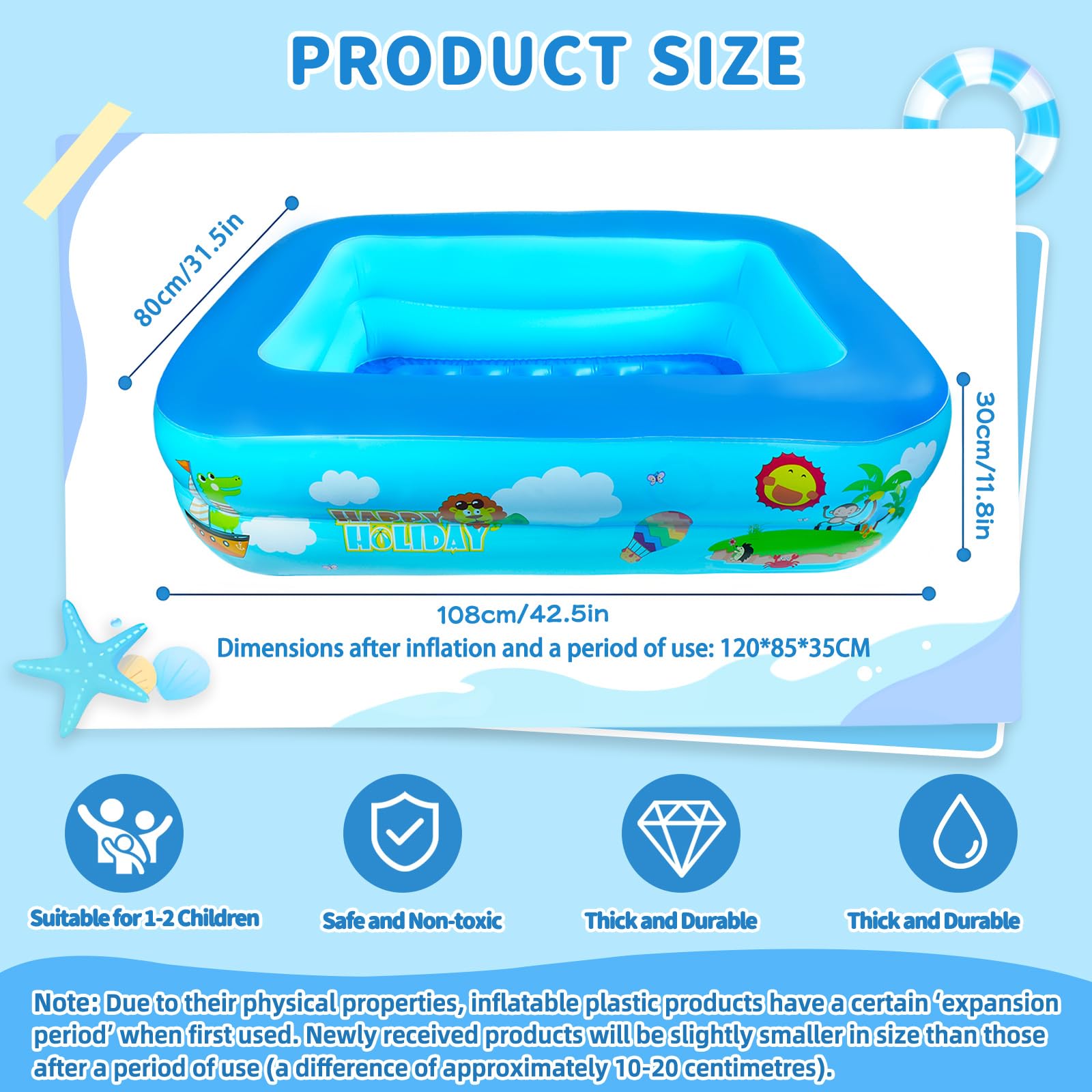 Piscina Gonfiabile Bambini Rettangolare, 120 cm Piscina per Bambini in PVC, Piscina Gonfiabile Rettangolare, Piscine Rettangolari Gonfiabili per Interni ed Esterni, Portatile e Resistente