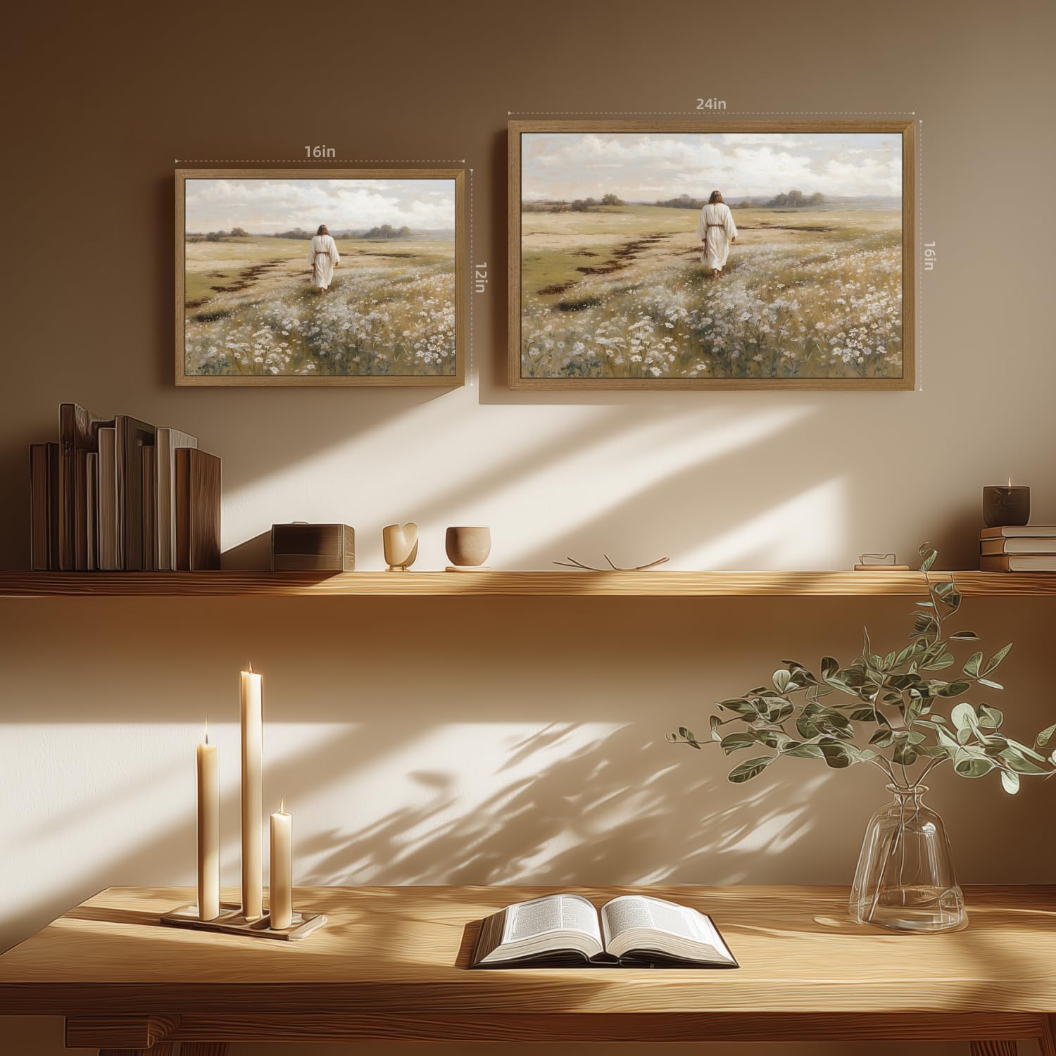 PORENY Jesus Christ Walking Meadow Wall Art, Inspirational Christian Faith Decor, Rustic Wildflower Field Canvas Print, Vintage Religious Artwork for Church Office Prayer Wood Framed 12x16 Inch
