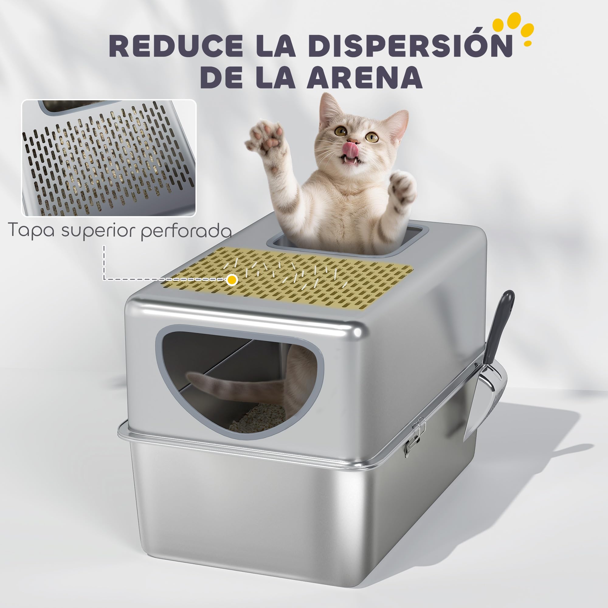 PawHut Arenero para Gatos de Acero Inoxidable XL Arenero con Pala Plata | Caja de Arena para Gatos, Aberturas Dobles, Fácil de Limpiar