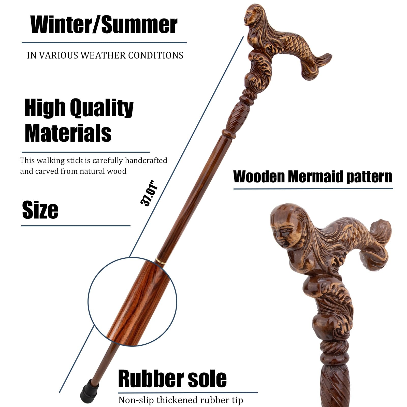 Bastone da Passeggio in Legno con Sirena, Bastone da Gentiluomo 37 Pollici, Manico Ergonomico e Punta in Gomma Antiscivolo Rimovibile, Unisex