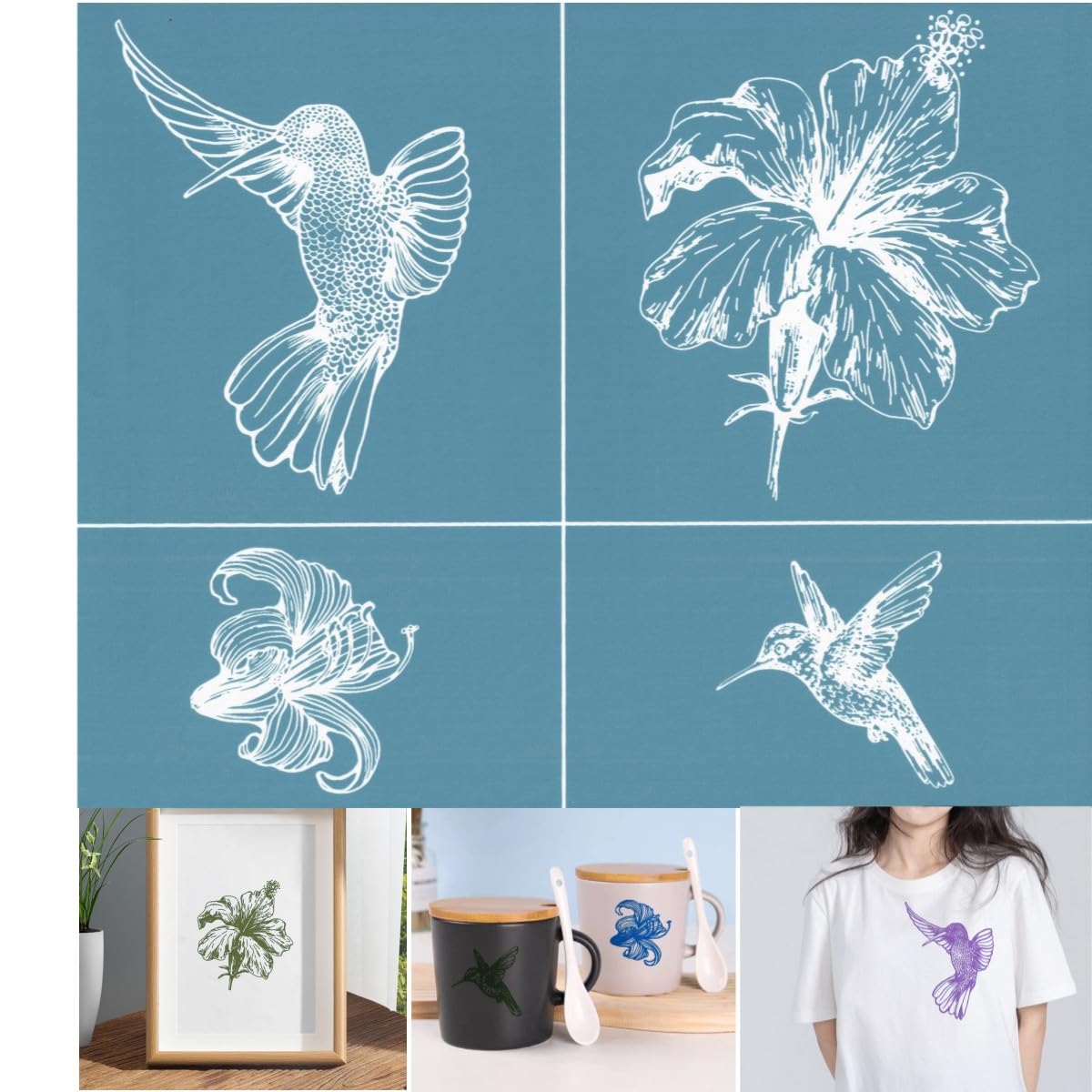 Alinacutle 4pc Flower & Hummingbird Silkscreen Stencil,Reusable Self-Adhesive Silk Screen Printing, for Printing on Wood/Fabric/Paper, Home Decoration