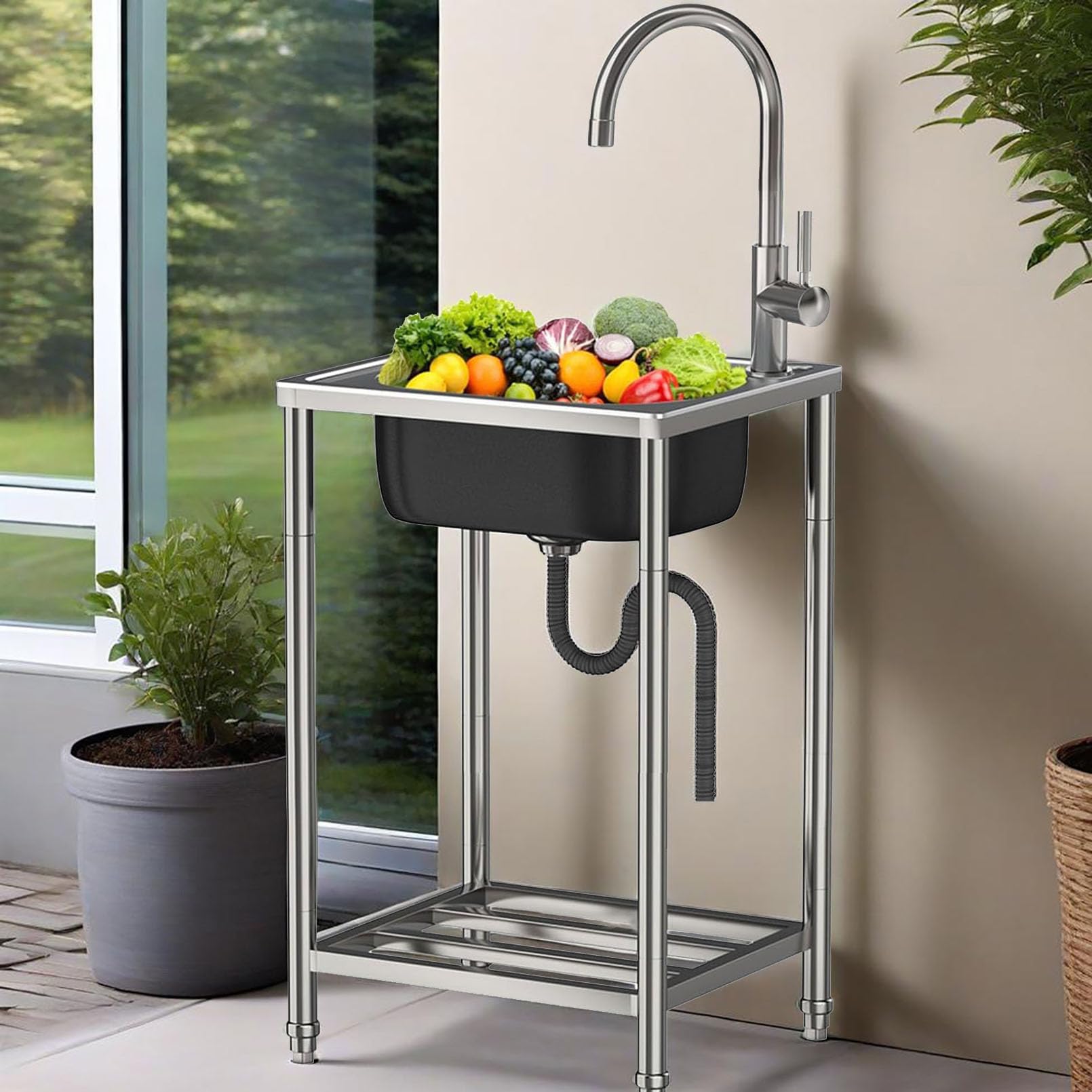Evier inox Extérieur avec Robinet Chaud et Froid,Éviers De Cuisine Commercial 1 Bac Mobile Évier Sur Pieds Lavabo de Jardin Portable Multifonctionnel,pour Restaurant Garage