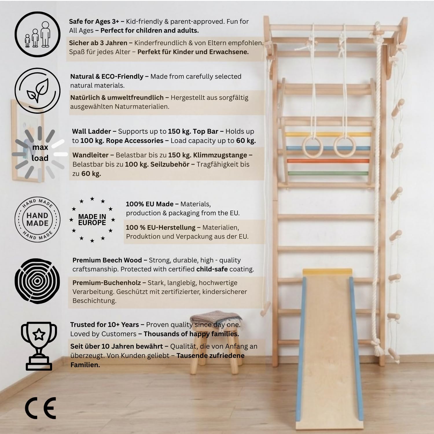 Schwedische Kinder-5-220-Farbe Sprossenwand aus massivem Buchenholz – Indoor Kletterwand & Turnwand für Kinder & Erwachsene – Sportgerät, Klettergerüst, Gym Holzspielgerät