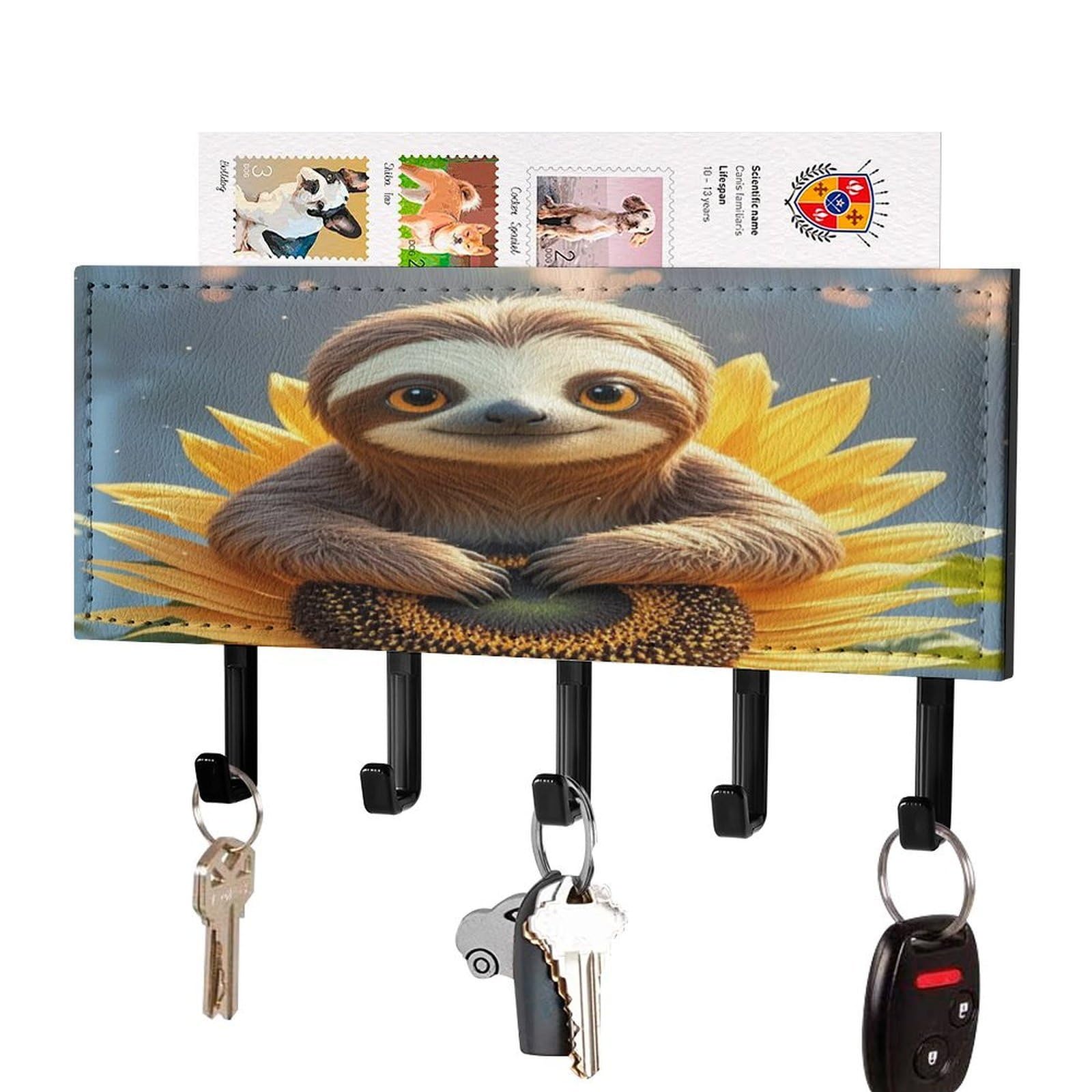 Lzqpoeas Black-Style Cartoon Sloth Sitting On Sunflower Key Holder Wall Mount With Mail Organizer Fashion Adhesive Key Hanger With 5 Hooks No Drill Pu Leather Key Organizer Rack For Entryway Kitchen Hallway Decor