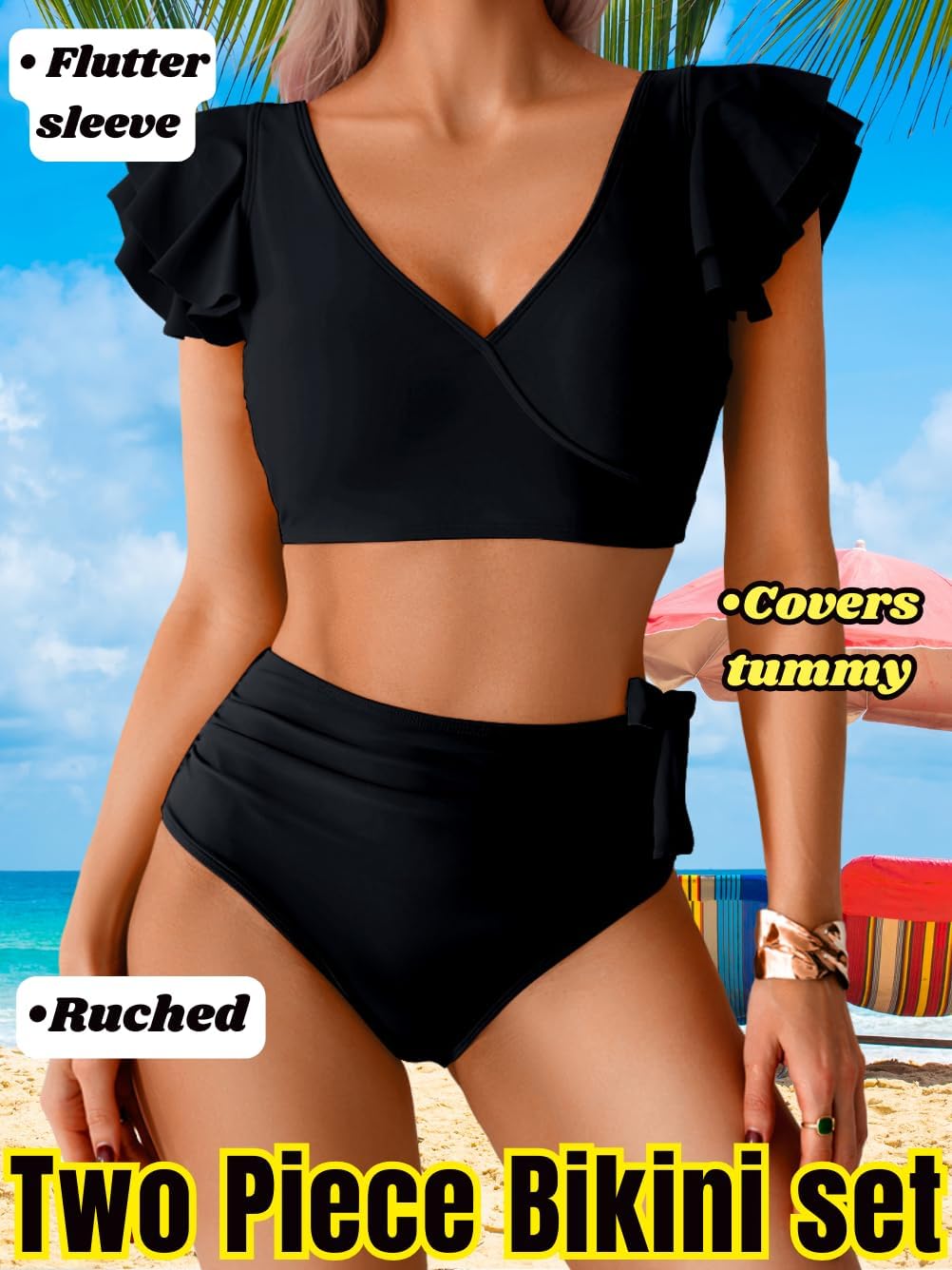 Womens High Waisted 2 Piece Swimsuit, Color Block Full Coverage Bikini Sets, Tummy Control Ruffle V Neck 2025
