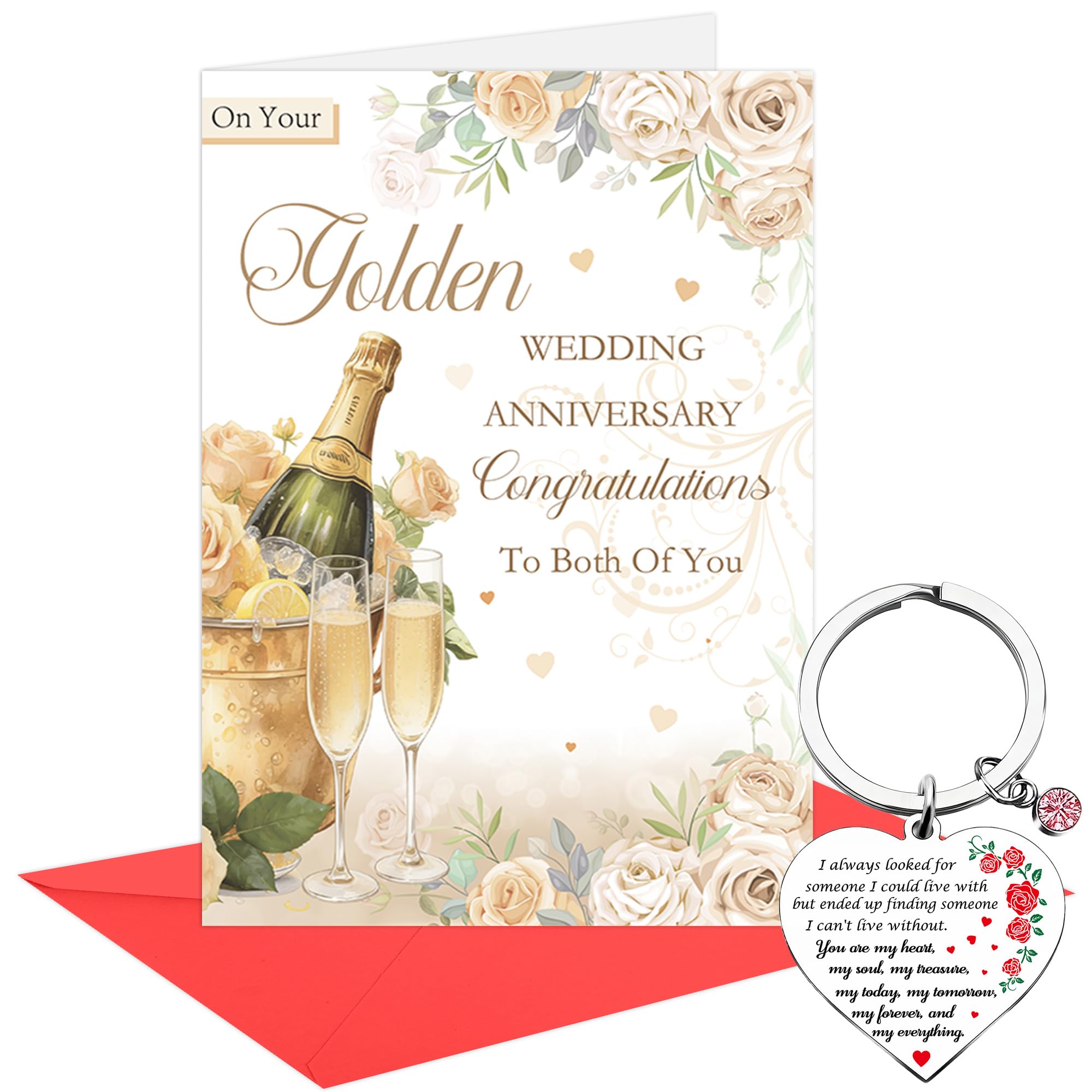 Golden Wedding Anniversary Card, 50th Anniversary Card with 2 Heart Keyrings & Velvet Gift Bag, Romantic Gift for Couples Parents Wife Husband โ image 1