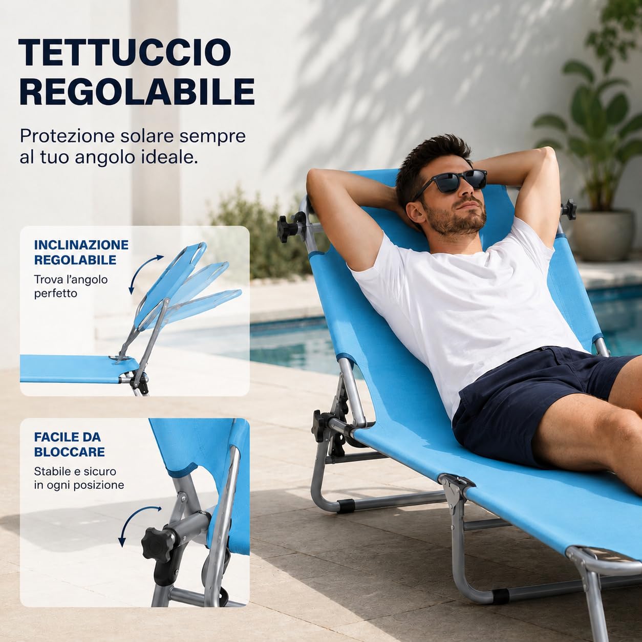COGLIANESE CASA & RICAMBI Lettino Prendisole Azzurro (187 x 55 x 25,5 cm) - NESSUN MONTAGGIO - ANTIRUGGINE - Tessuto Oxford Traspirante e Antistrappo - Schienale Regolabile Su 5 Livelli
