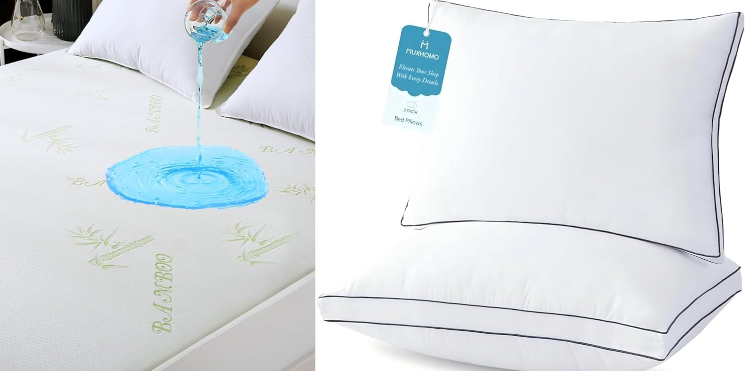 MUXHOMO Bed Pillows Queen Size Set of 2 + 100% Waterproof Queen Size Mattress Protector