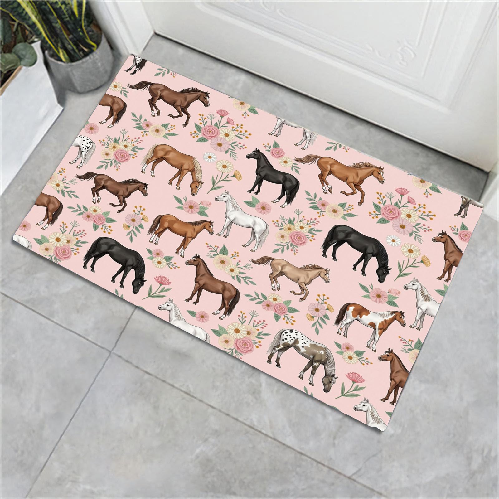 Paillasson à fleurs chevaux pliable et tapis antidérapant rose pour porte d'entrée