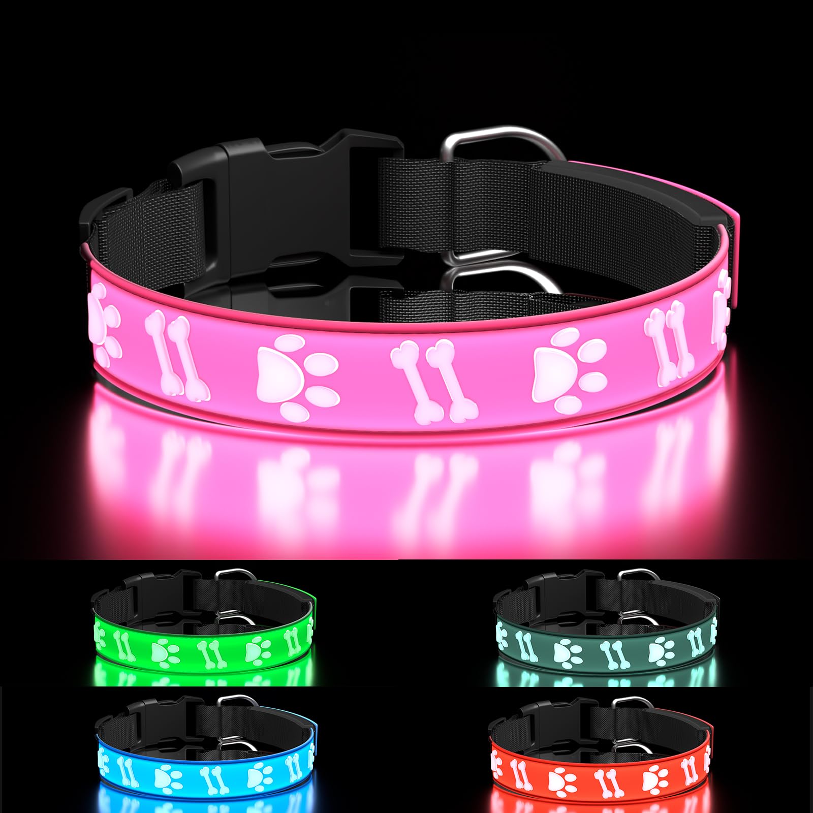 TOPOTO Light Up Dog Collar, 3D Design Adjustable Dog Collars 15 Glowing Modes Rechargeable Night Walk Safety Collar for Small Dogs, Pink
