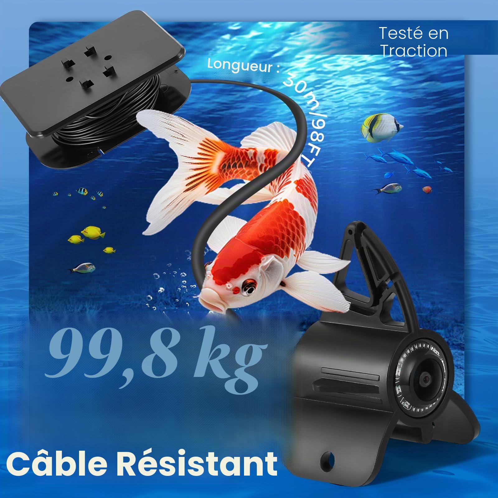 Caméra sous-marine pour la pêche, détecteur de poissons avec écran IPS de 4,3" et câble de 30 m, vision nocturne, infrarouge, grand angle, étanche IP65, pour la pêche sur glace, lac, rivière, mer et