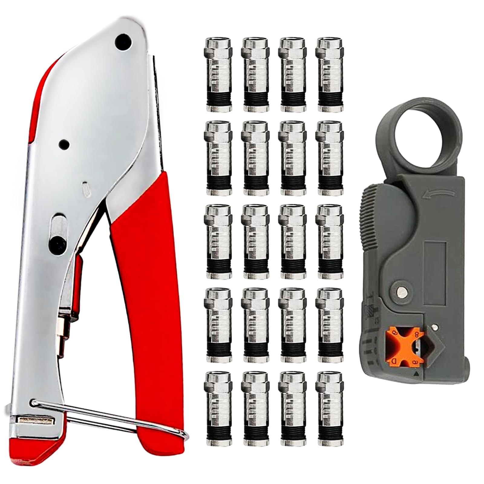 FLK Tech Crimping Tool Set Compression Tool and Cable Stripper for RG59 RG6 with 20pcs Black F Connectors
