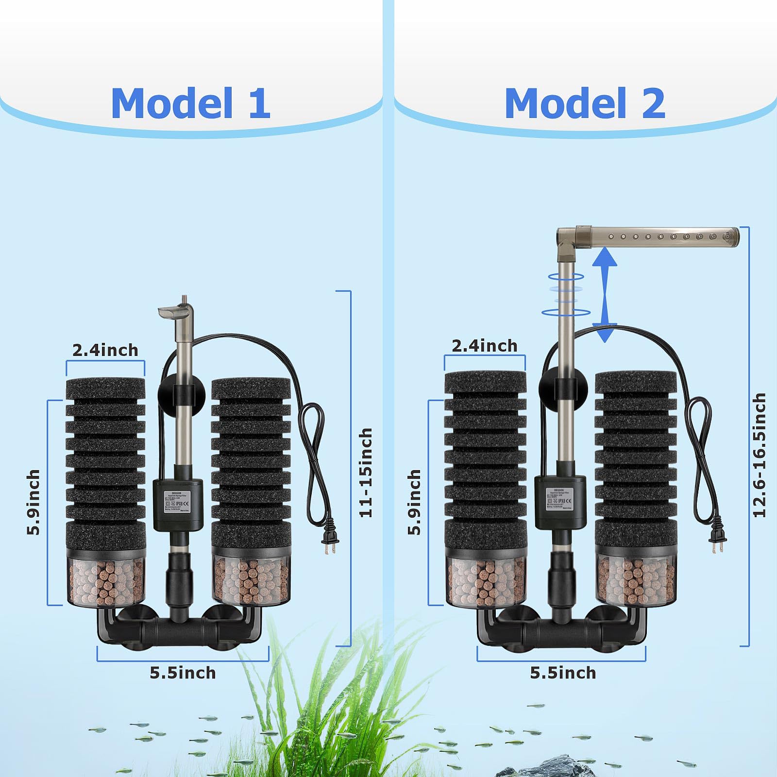 Filtro elettrico in spugna per acquario con pompa sommergibile, motore ultra silenzioso con sfere in bio-ceramica e 2 spugne di ricambio (L per 20-55 Gal)