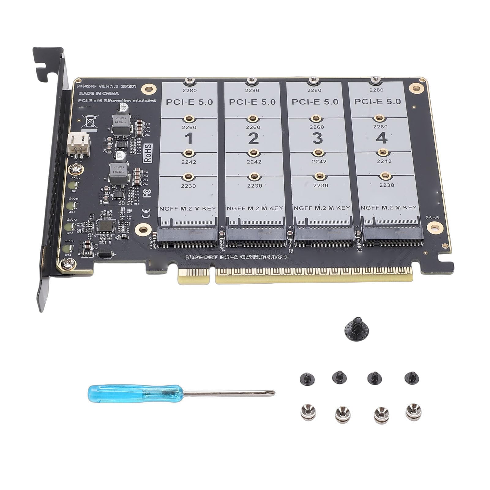 ASHATA Carte Adaptateur M.2 PCIE 5.0, Convertisseur 4 Ports M.2 NVMe SSD vers PCIE X16, Lecteur de Disque Dur, Carte d'extension Interne PC, 4 X 128 Gbit/s, clé, Idéale pour Les Postes de Travail