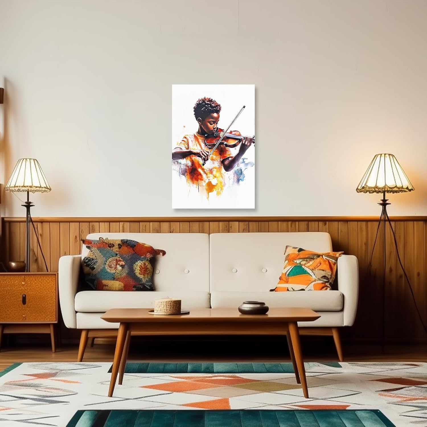 XLMDYYSW African American Kid Wall Art Black Music Pictures African Boy Playing Guitar Violin Canvas Print Children Musician Painting for Musical Club Framed (Orange, 18L x 12W)