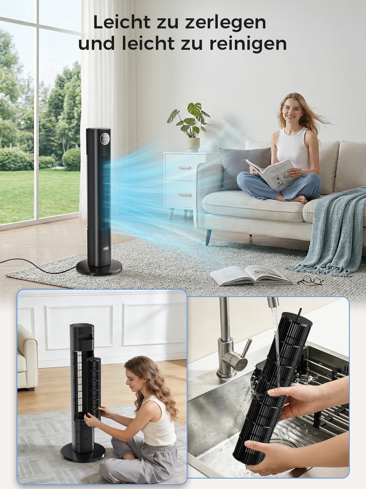 YASHE Turmventilator 90 cm mit Fernbedienung, leiser Standventilator 28 dB, 3 Geschwindigkeiten, 4 Modi, 85° Oszillation, LED-Touch-Display, 12 Std. Timer