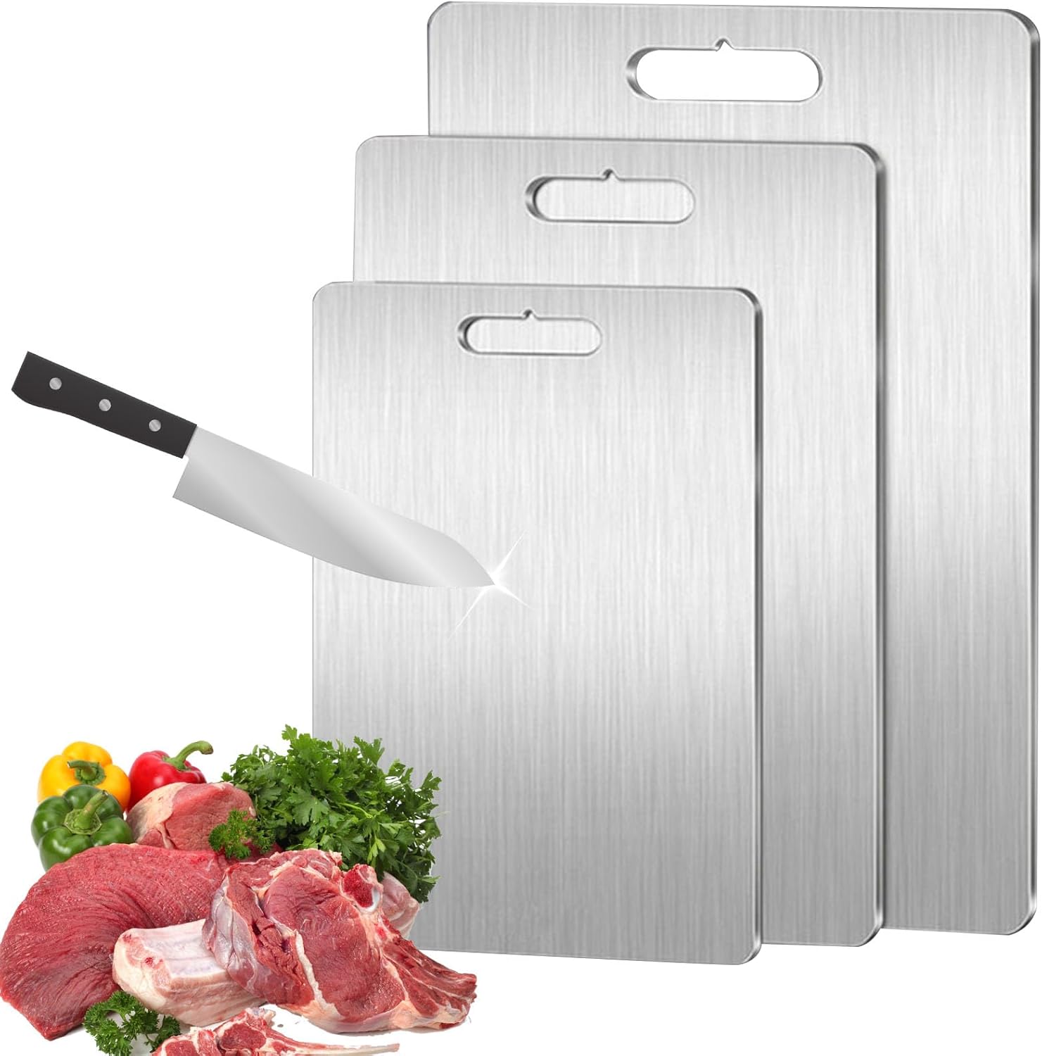Cutting Board Set of 3, 100% Pure Titanium Cutting Boards for Kitchen, 2025 New Stainless Steel Cutting Boards, Scratch & Rust Resistant, Non-Slip Surface for Meat Vegetables Fruit, Easy Clean (3)