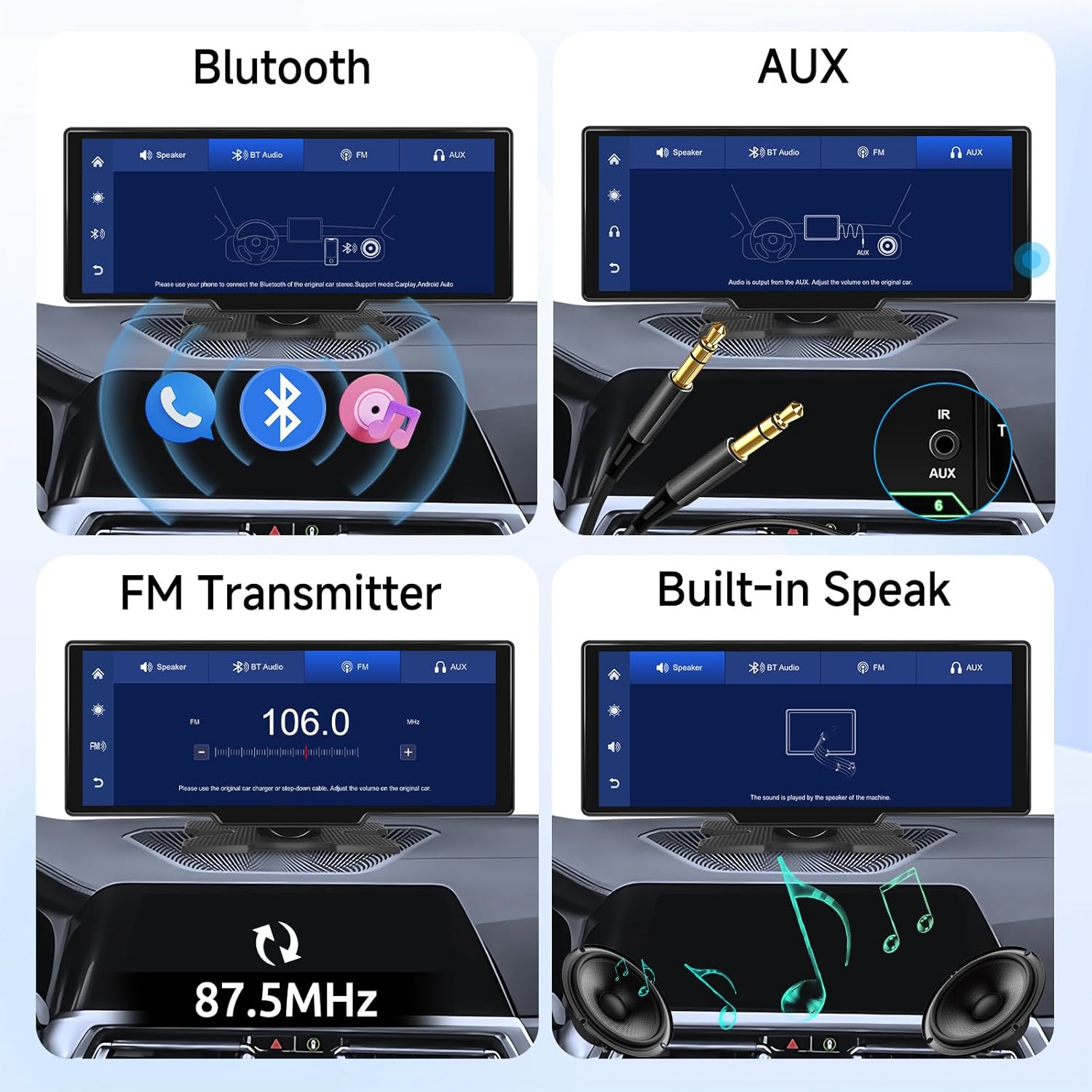 Four panels showing different audio output methods: Bluetooth, AUX cable connection, FM transmitter frequency setting, and built-in speaker icon.