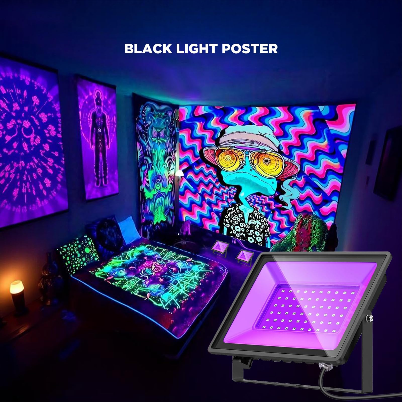 Glostars 1er-Pack UV Schwarzlicht Strahler, 385–400 nm. Professionell, wasserdicht IP66, sicher. Innen/Außen-Flutlicht für Partys, Bars, Diskos, Schwarzlicht-Events.