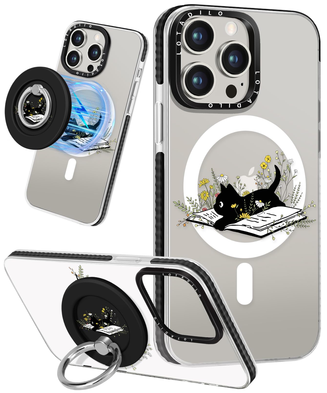 Lotadilo for iPhone 13 Pro Case for Women Girls - Cute Design Compatible with Magsafe Magnetic Ring Holder Stand Cat Flower Aesthetic Pattern TPU