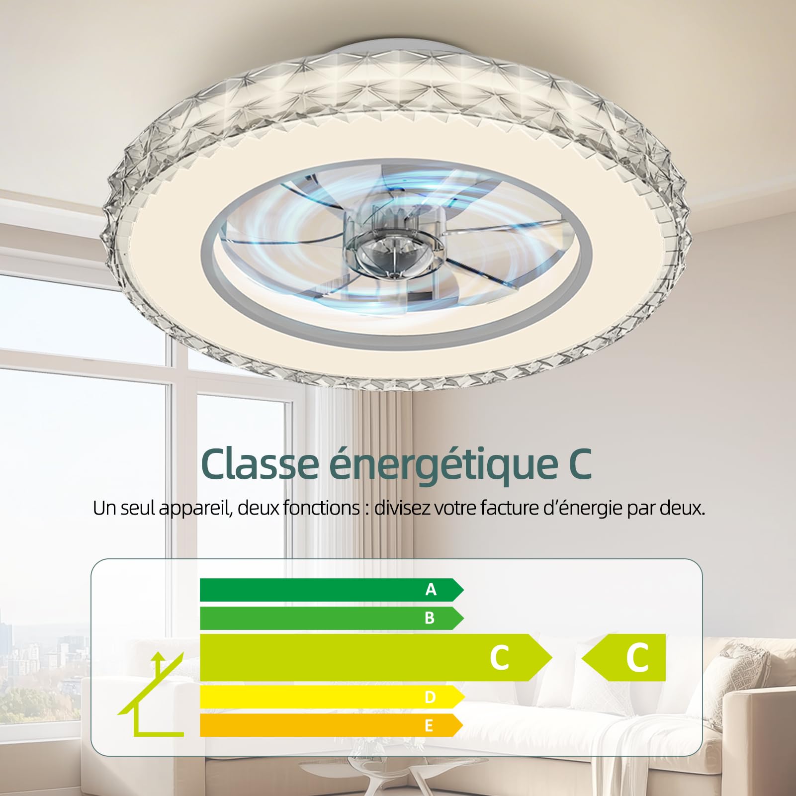 Ateroll Cristal Ventilateur Plafond avec Lumiere Ø43.5 cm, 3000K-4000K-6500K+RGB, 6 Vitesses de Ventilation Réglables avec Télécommande, Minuterie, Mémoire de Lumière, Ventilateur Réversible