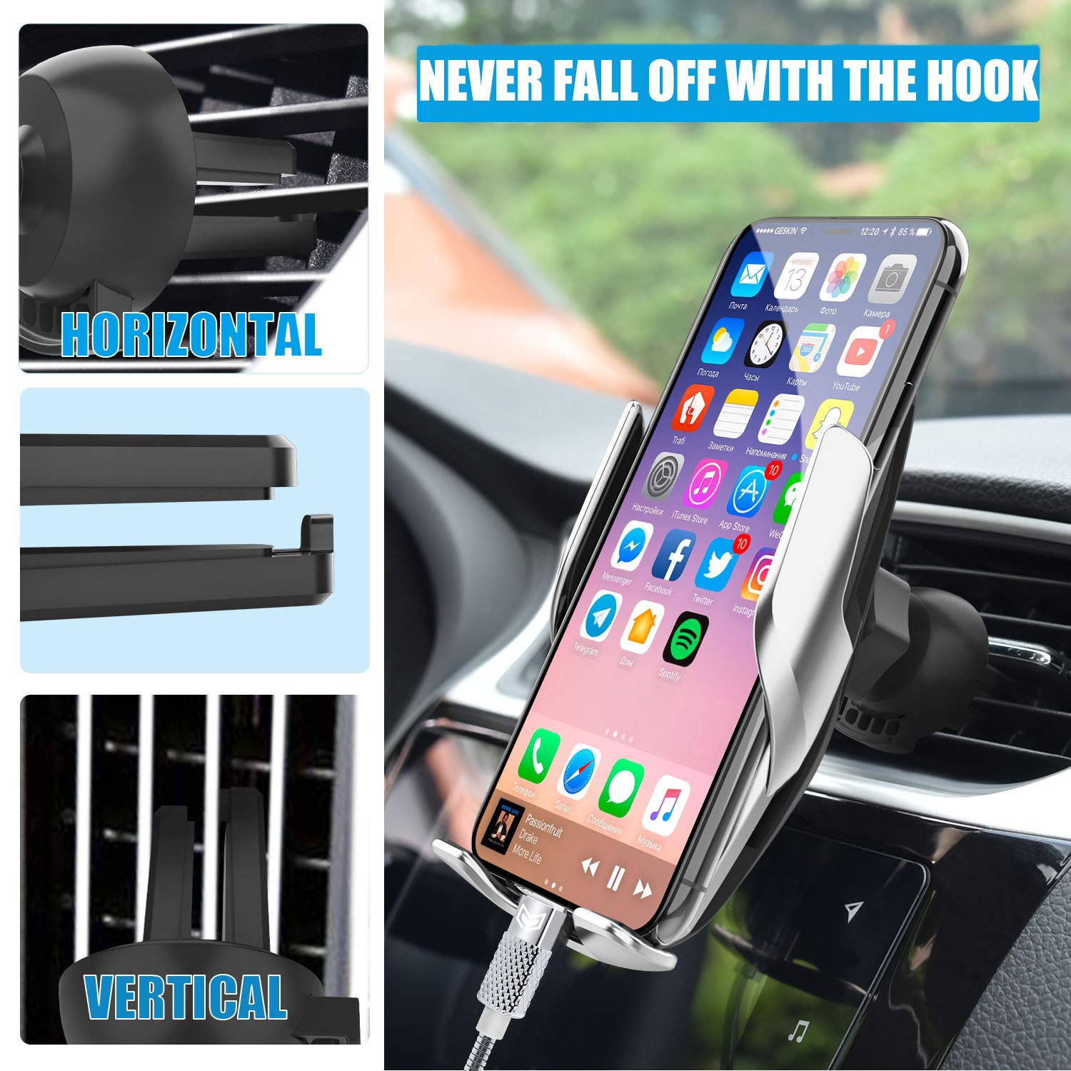Supporto Caricabatteria Wireless per Auto con Bloccaggio Automatico, 2 in 1 Qi 15W/10W/7.5W Presa d'Aria/Cruscotto Supporto Telefono compatibile con iPhone 8P/X Samsung Galaxy S9+ (argento)