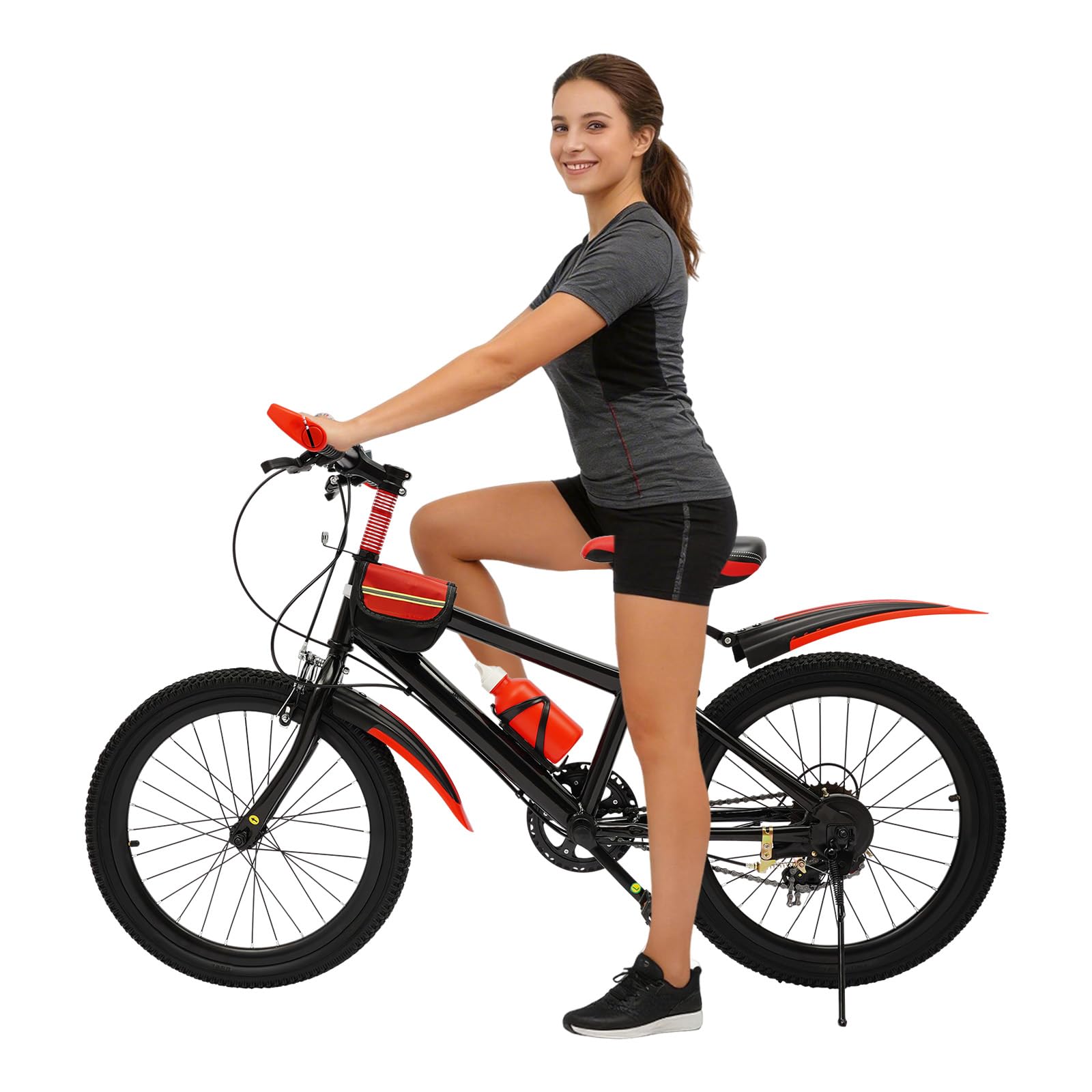 Vélo VTT pour enfant de 20 ", en acier au carbone, capacité de charge 75 kg, rouge, 7 vitesses, hauteur réglable, avec sac de rangement, vélo pour enfants à partir de 8 ans, garçons et filles