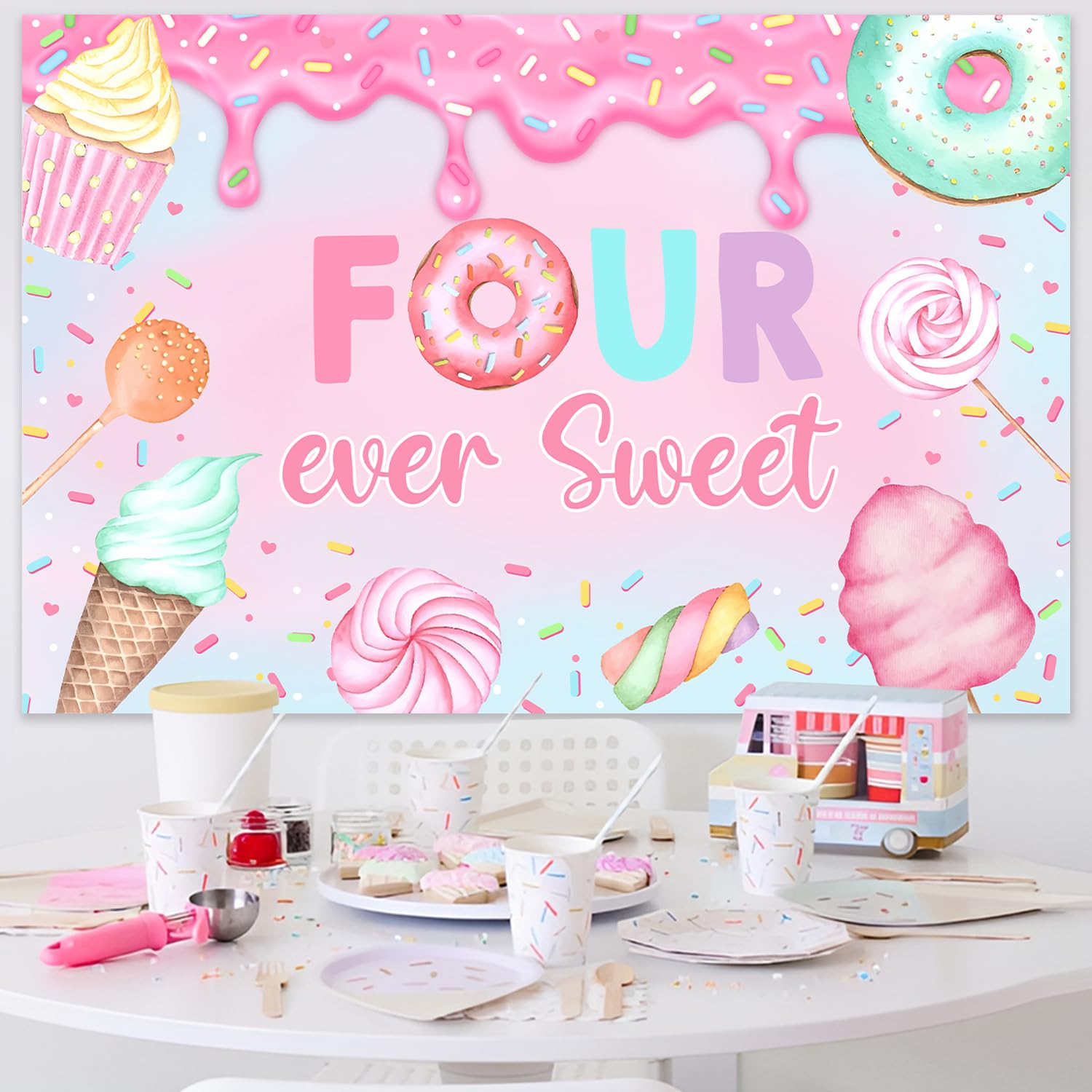 Four Ever Sweet Banner – Donut-Thema Für 4. Geburtstag, Rosa Glitzer, Mit Spruch „Donut Grow Up“, Mädchen-Partydekoration