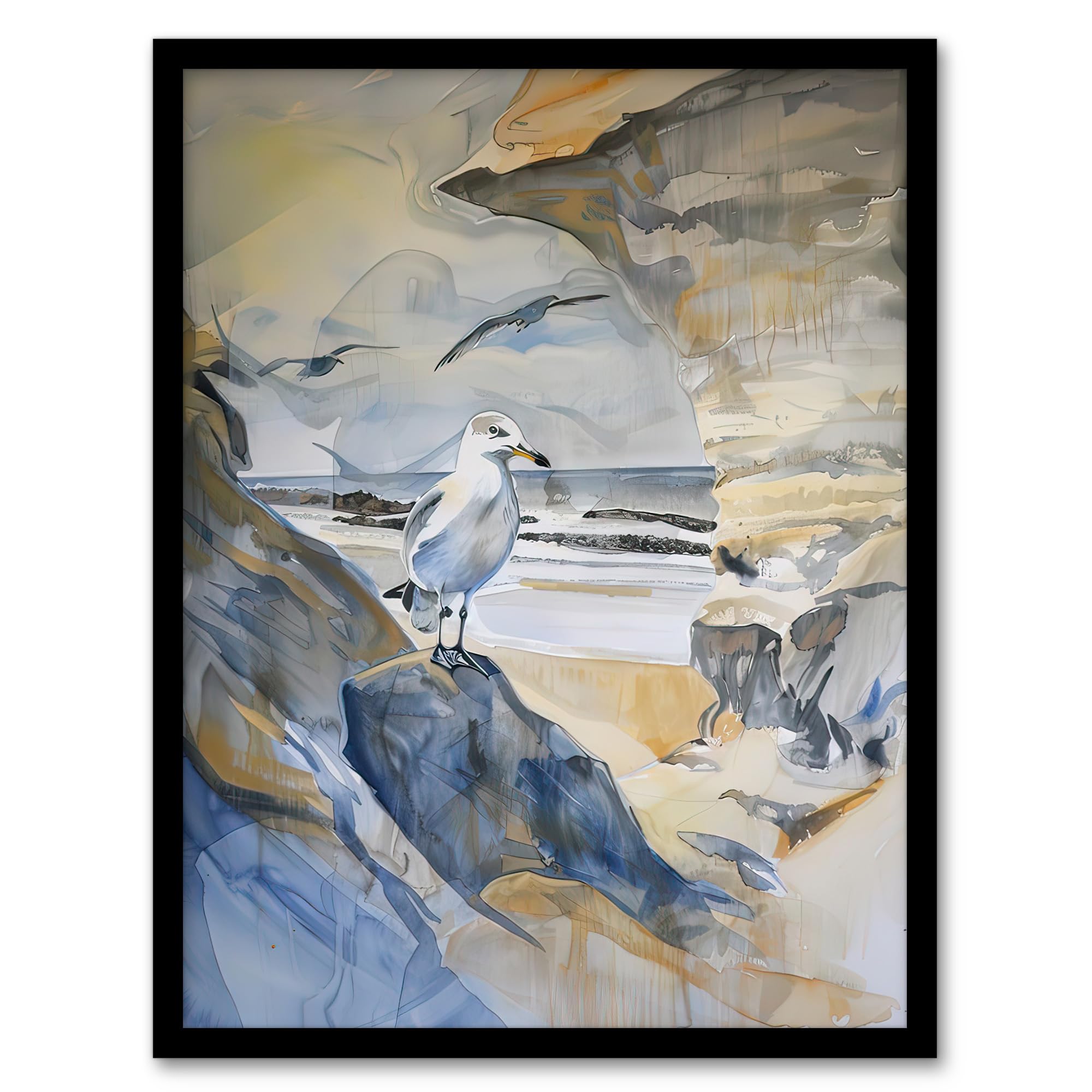 Artery8 Seagull Aldeburgh Beach Suffolk Watercolour Coast Living Room Artwork Framed Wall Art Print A4
