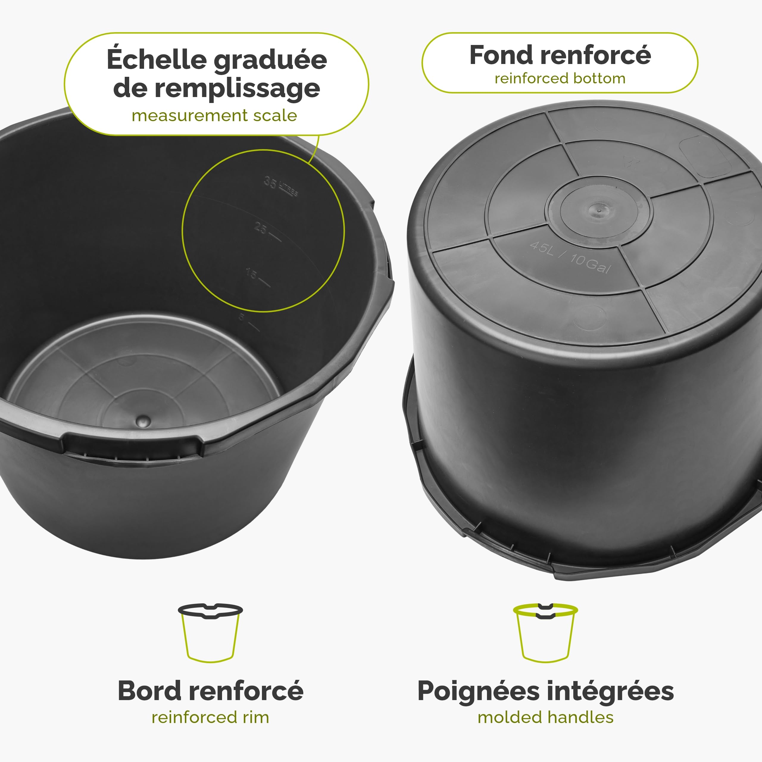 Garronda Lot de 1 Grande Bassine Plastique 45L Seau à Mortier Rond GD-0170 | Cuve de Chantier, Fond Rigide, Poignées Intégrées, Graduée, Bac Plastique Renforcé pour Eau Construction Jardin Maison, Noir