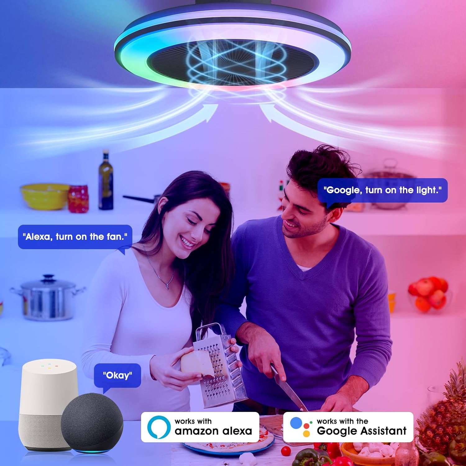 Smart WiFi&Bluetooth RGB Ceiling Fans with Lights and Remote,20" Low Profile Ceiling Fan with RGB Ring Lights,Bladeless Ceiling Fan with Light,3000K-6000K,6 Adjustable Speed for Bedroom,Living Room