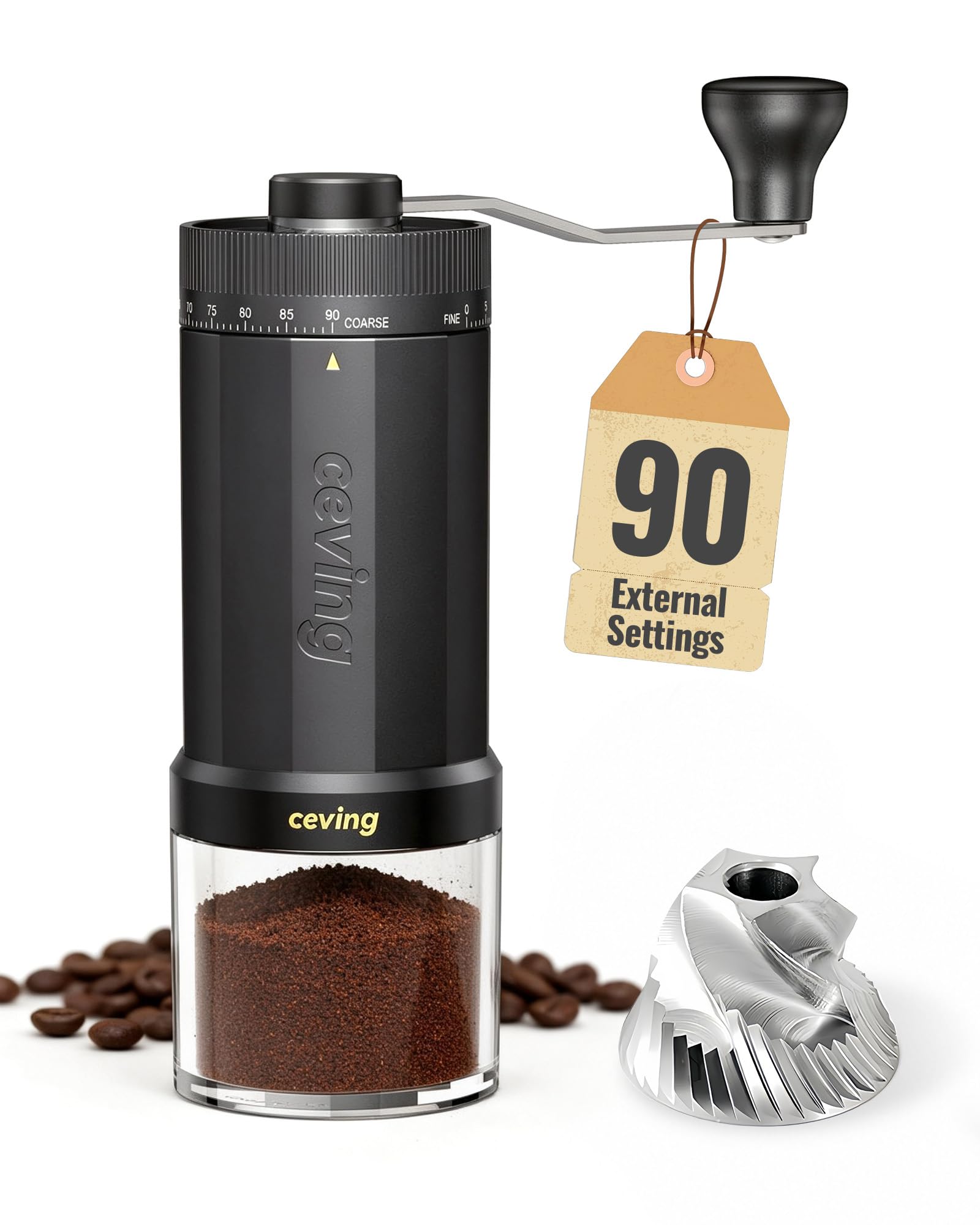 CEVING Manual Coffee Grinder with 90 External Settings, 60g Capacity, Black