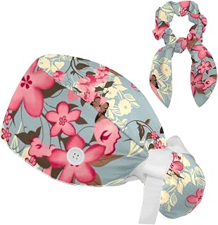 2 Pieces Surgical Cap for Long Hair Scrub Cap with Hairband Nurse Cap, Butterfly Flower Floral Vintage Pattern