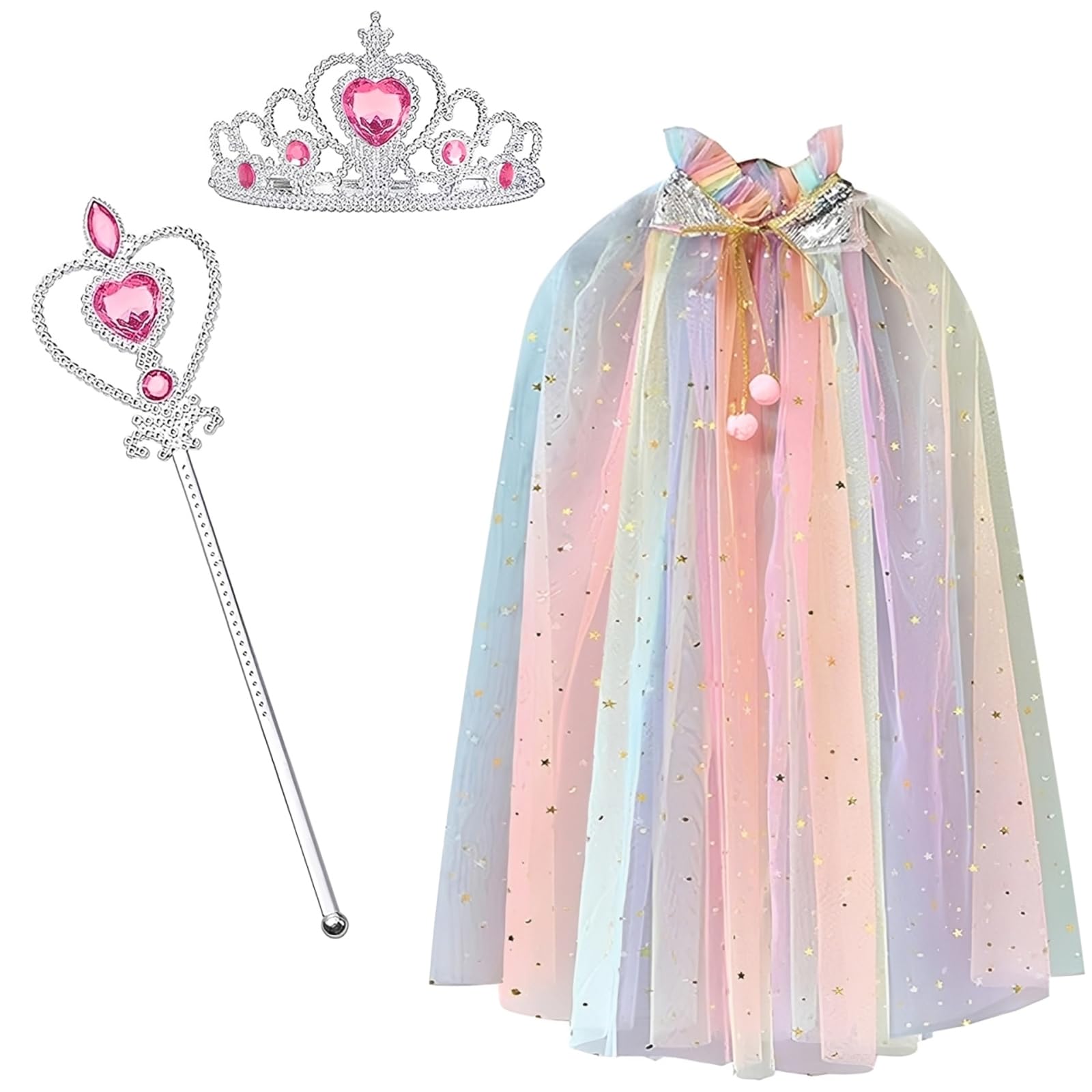 SurPse 3-Piece Princess Cape Set with Fairy Wand and Princess Crowns for Girls, 75cm Colourful Cloak Costume for Kids Party Dress Up and Role Play